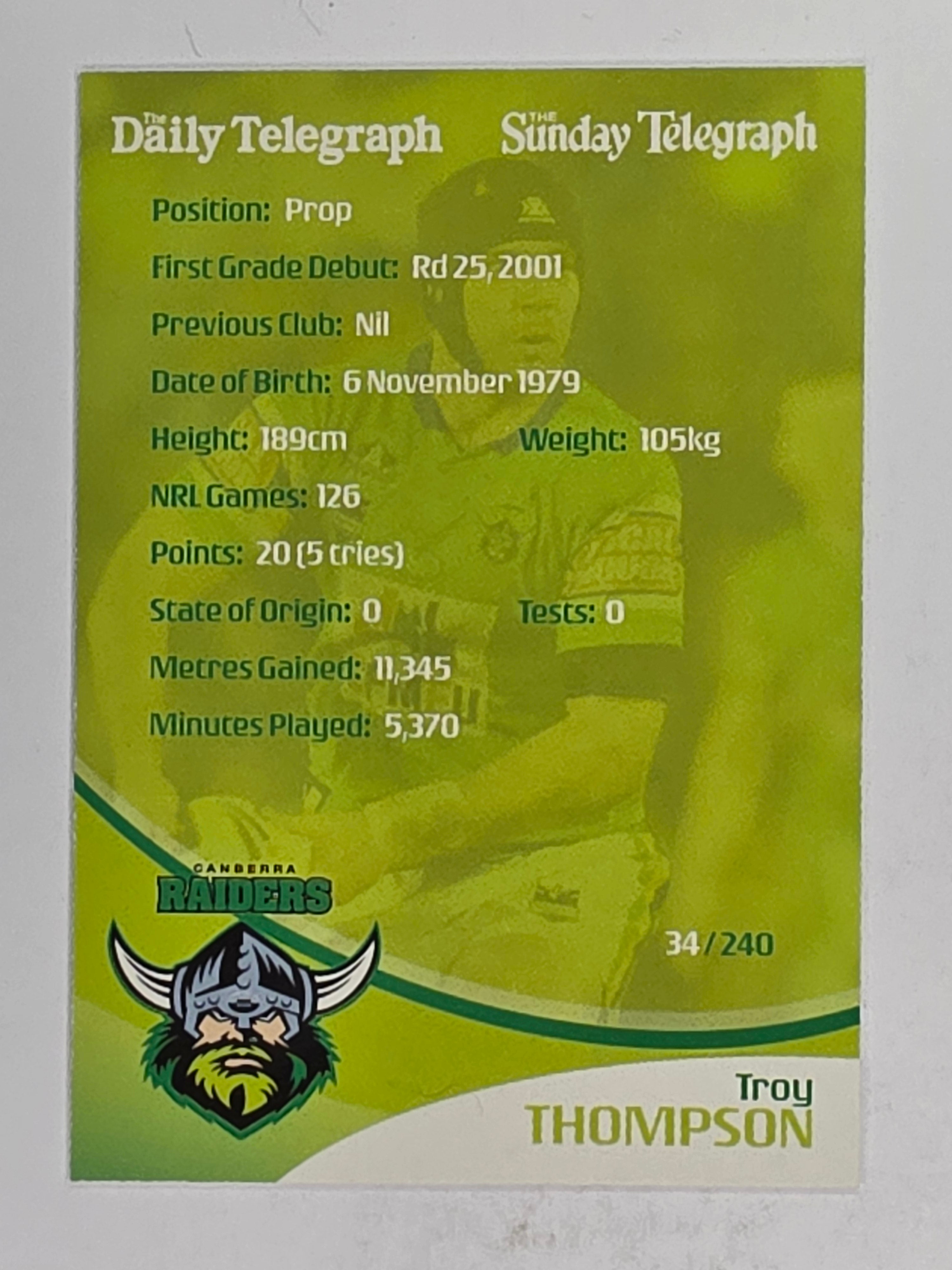 NRL 2009 Daily Telegraph | FOIL #034 | Troy Thompson | Canberra Raiders