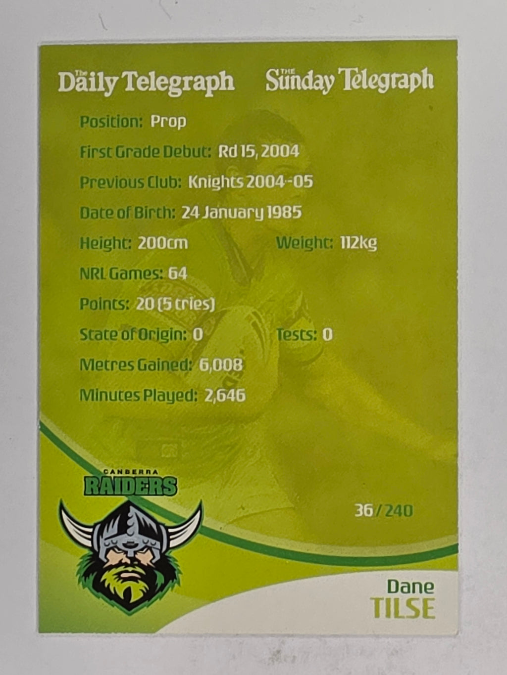 NRL 2009 Daily Telegraph | FOIL #036 | Dane Tilse | Canberra Raiders