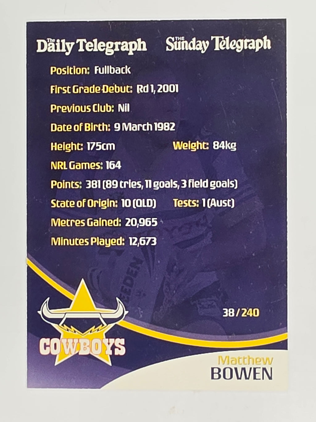 NRL 2009 Daily Telegraph | FOIL #038 | Matthew Bowen | North Queensland Cowboys