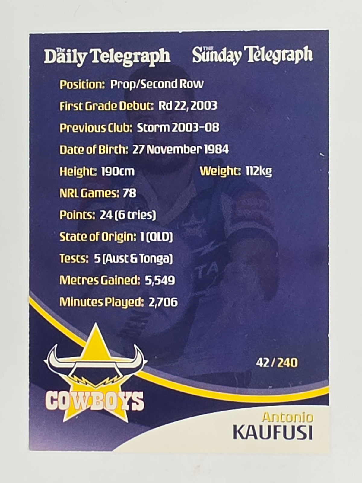 NRL 2009 Daily Telegraph | FOIL #042 | Antonio Kaufusi | North Queensland Cowboys