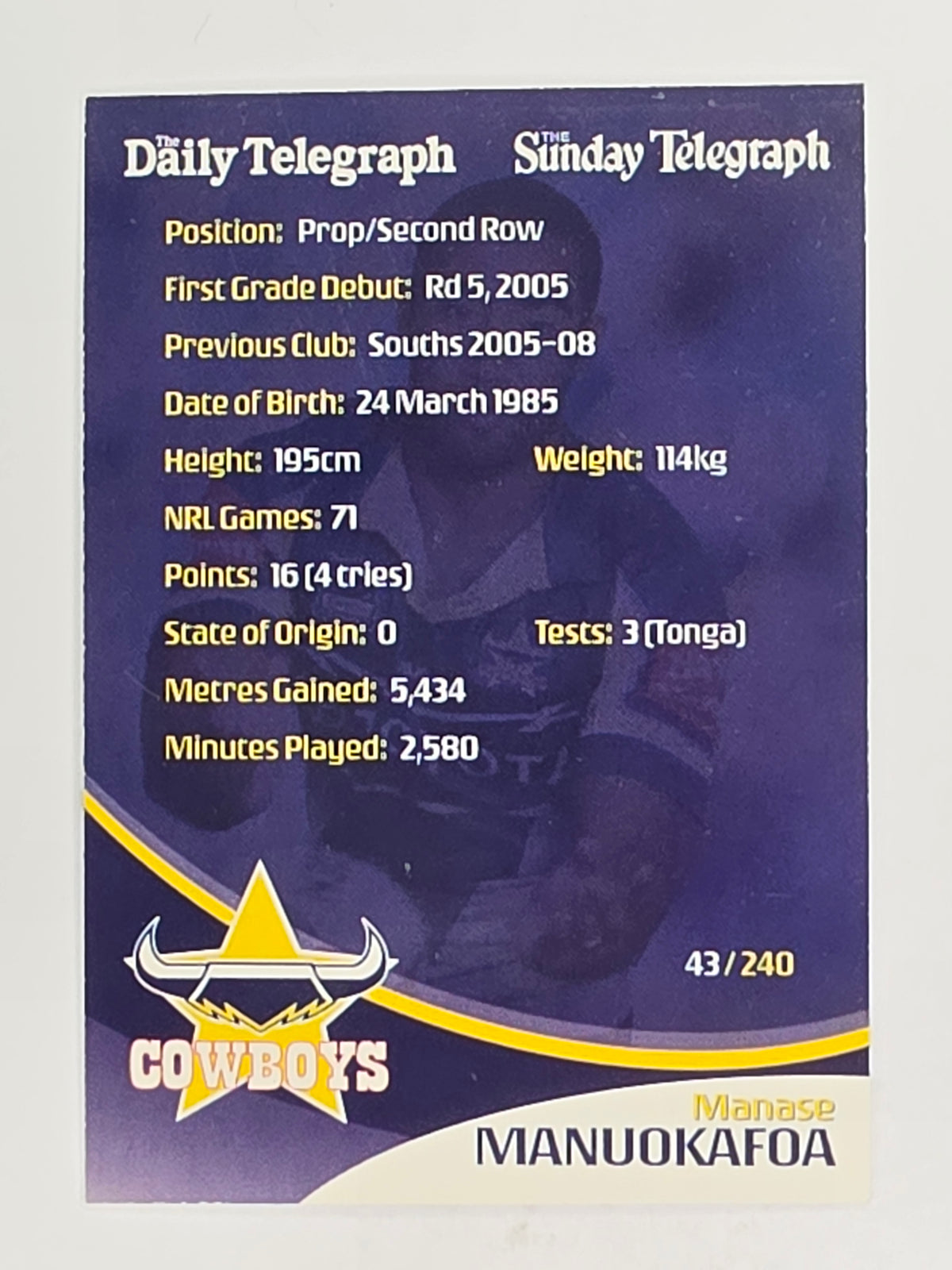 NRL 2009 Daily Telegraph | FOIL #043 | Manase Manuokafoa | North Queensland Cowboys