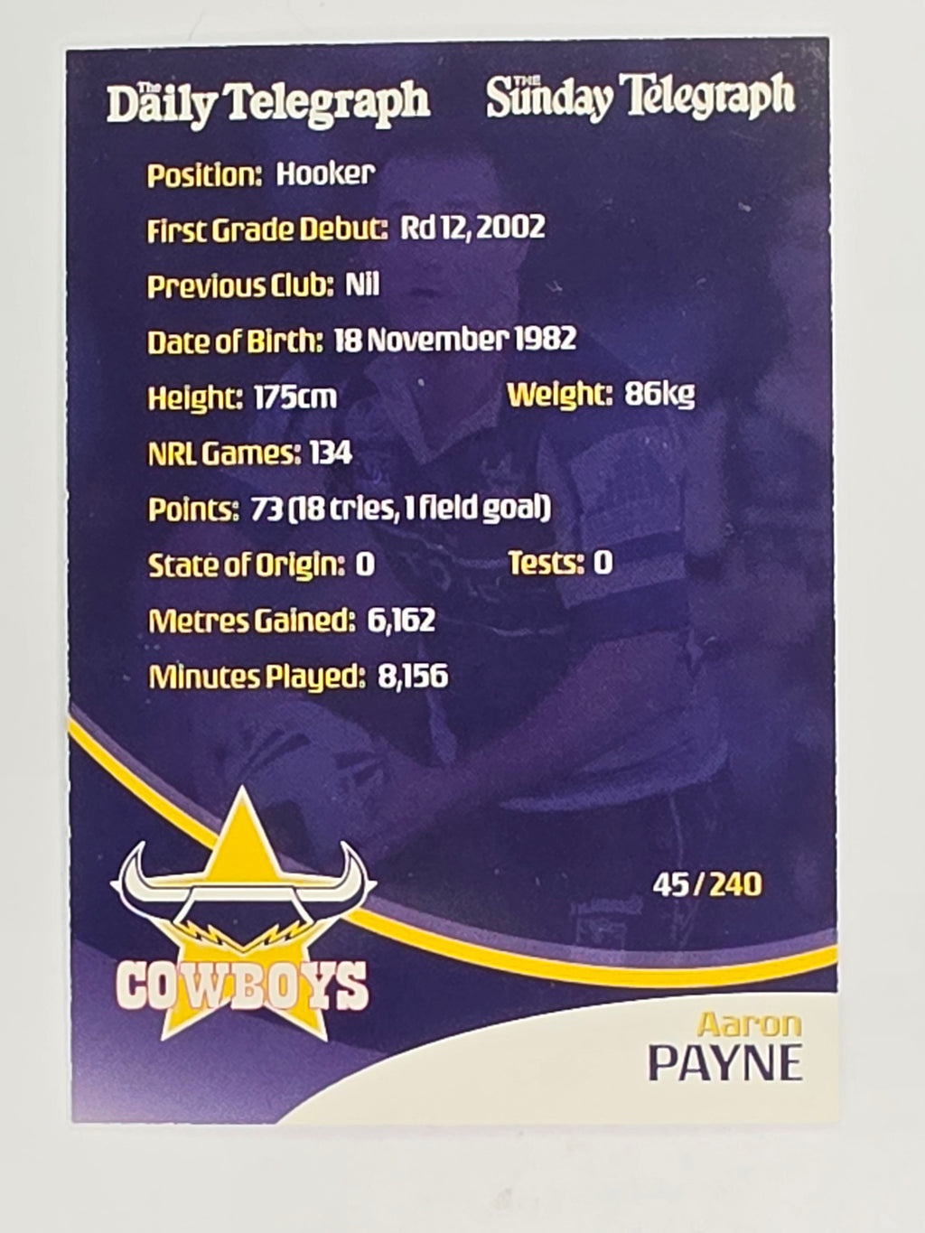 NRL 2009 Daily Telegraph | FOIL #045 | Aaron Payne | North Queensland Cowboys