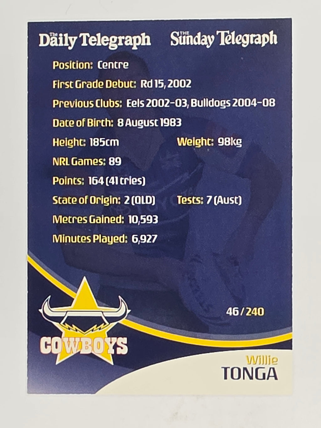 NRL 2009 Daily Telegraph | FOIL #046 | Willie Tonga | North Queensland Cowboys