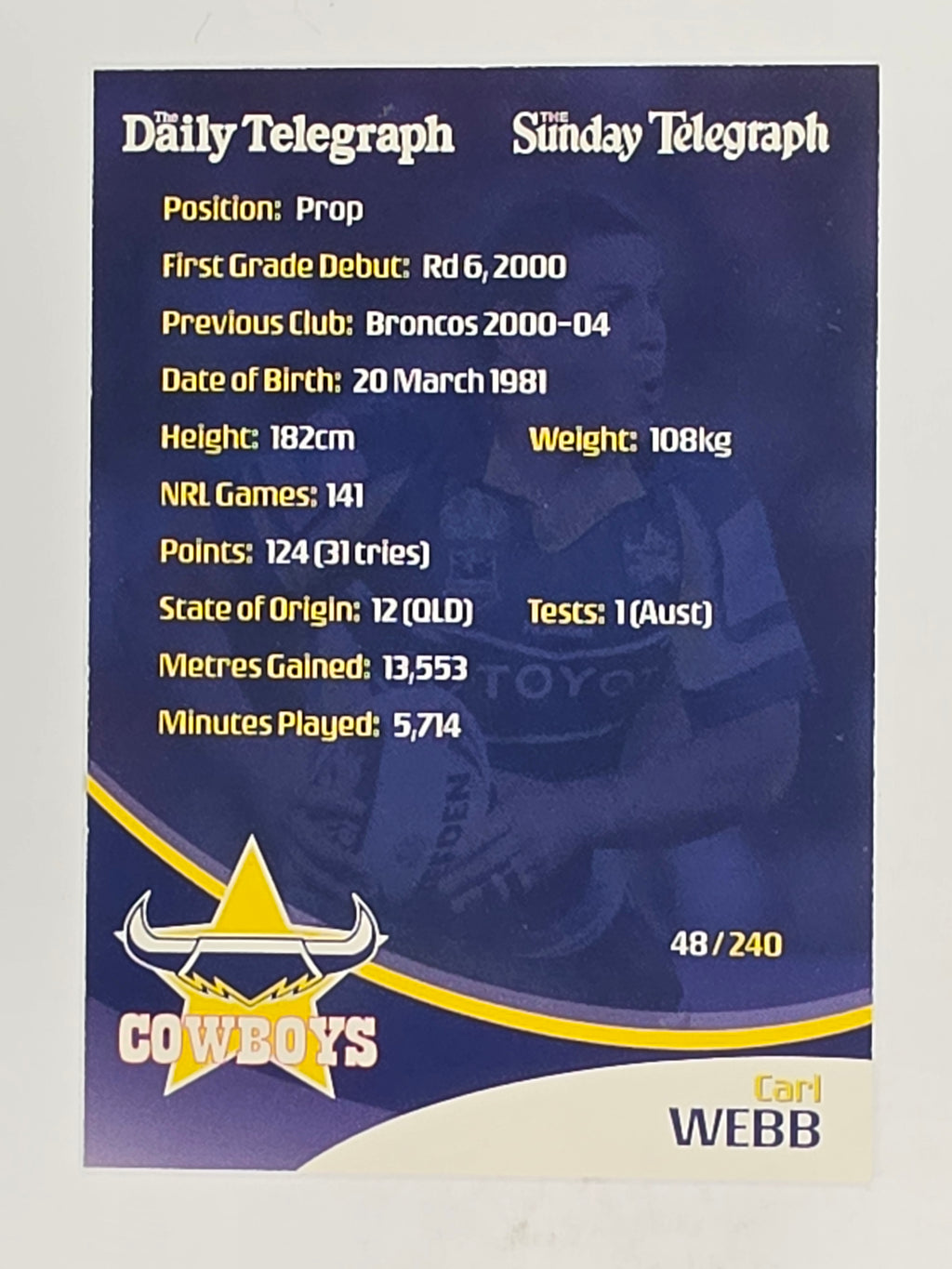 NRL 2009 Daily Telegraph | FOIL #048 | Carl Webb | North Queensland Cowboys