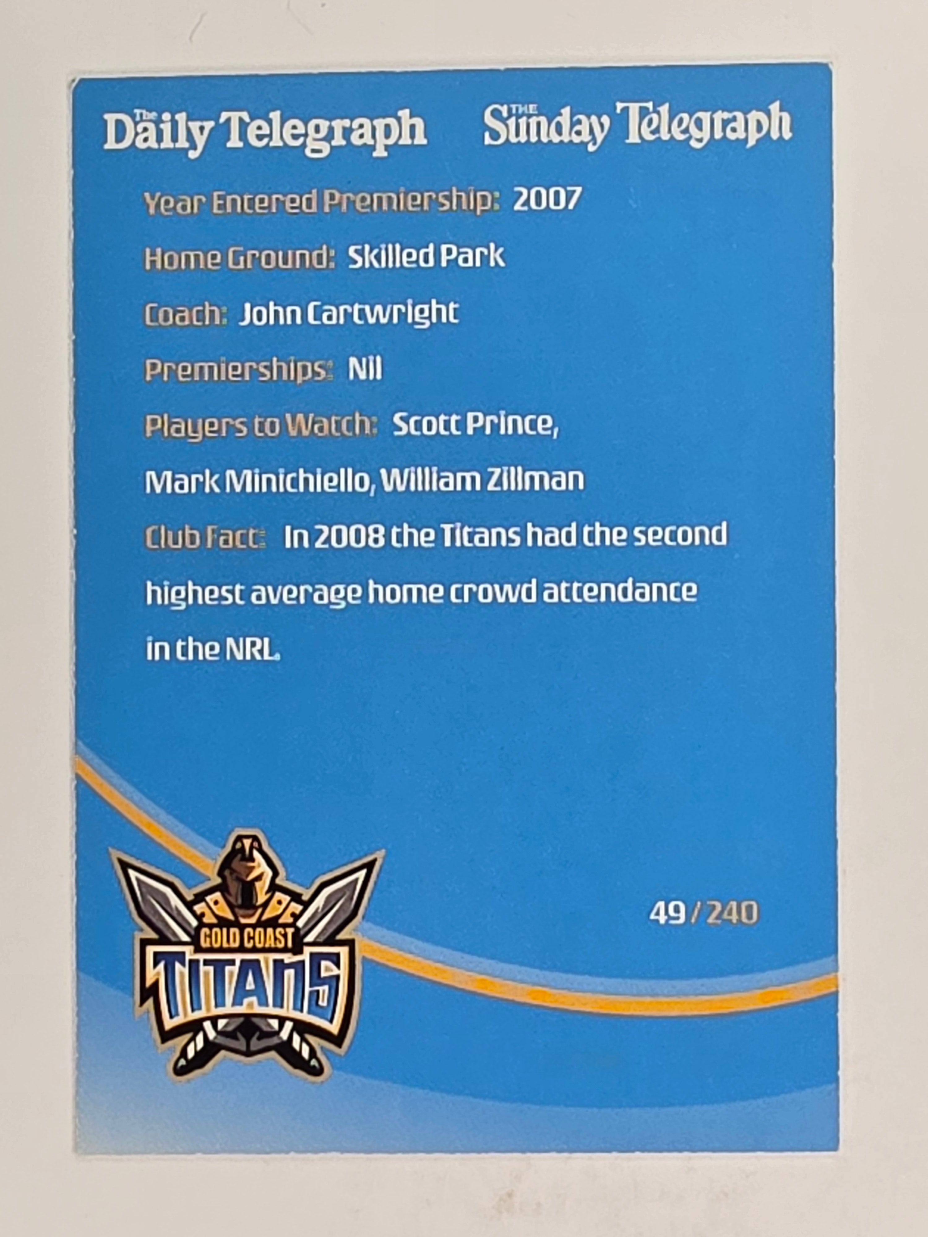 NRL 2009 Daily Telegraph | FOIL #049 | Logo | Gold Coast Titans