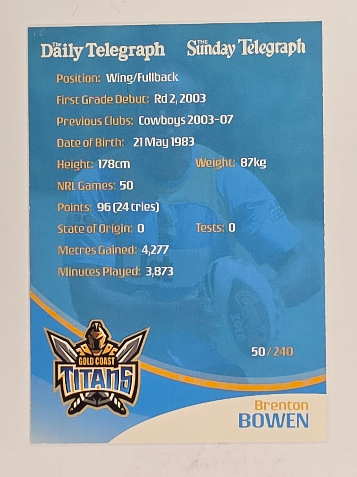 NRL 2009 Daily Telegraph | FOIL #050 | Brenton Bowen | Gold Coast Titans
