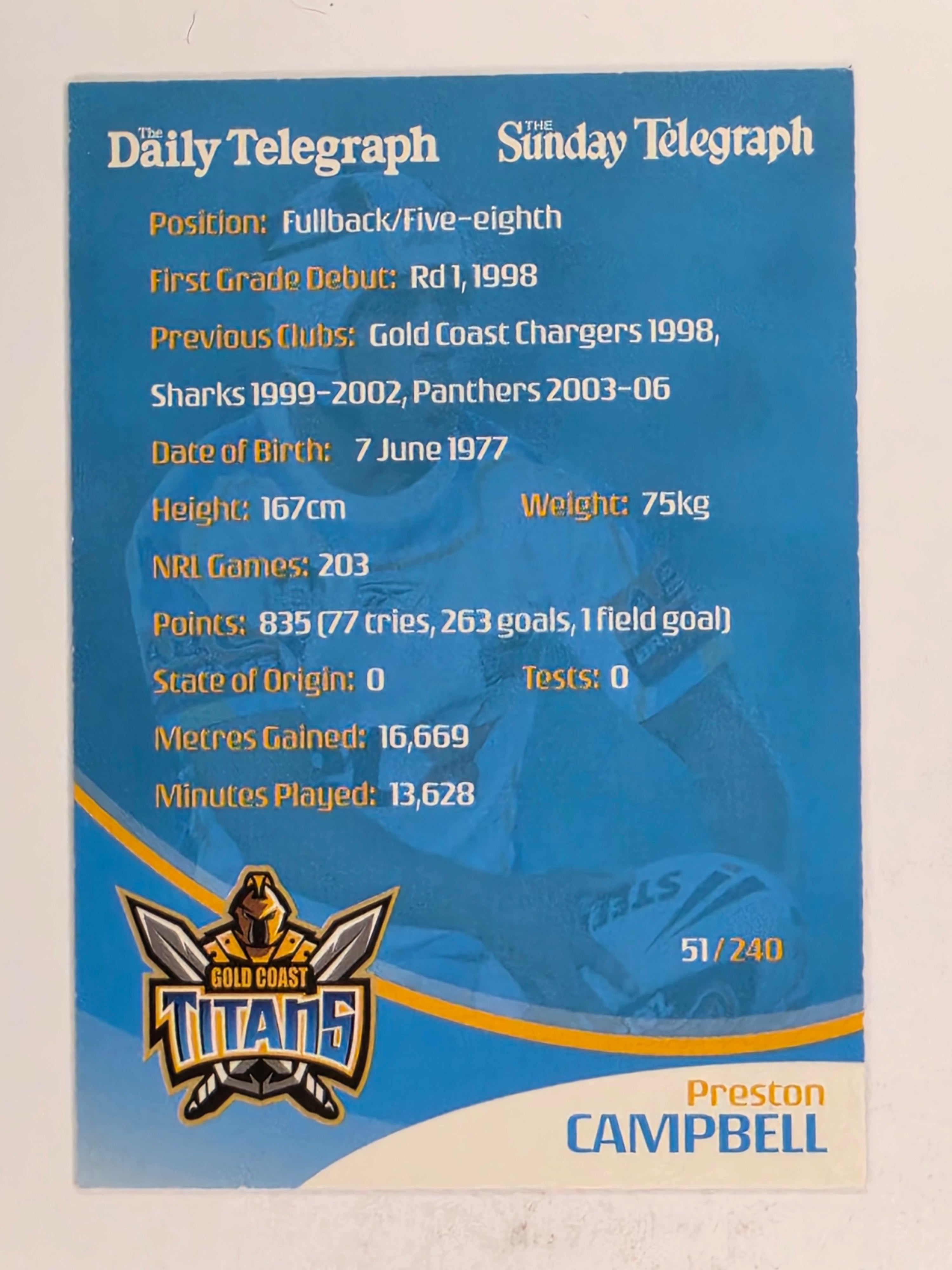 NRL 2009 Daily Telegraph | FOIL #051 | Preston Campbell | Gold Coast Titans