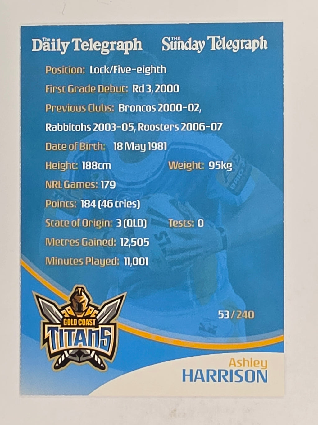 NRL 2009 Daily Telegraph | FOIL #053 | Ashley Harrison | Gold Coast Titans