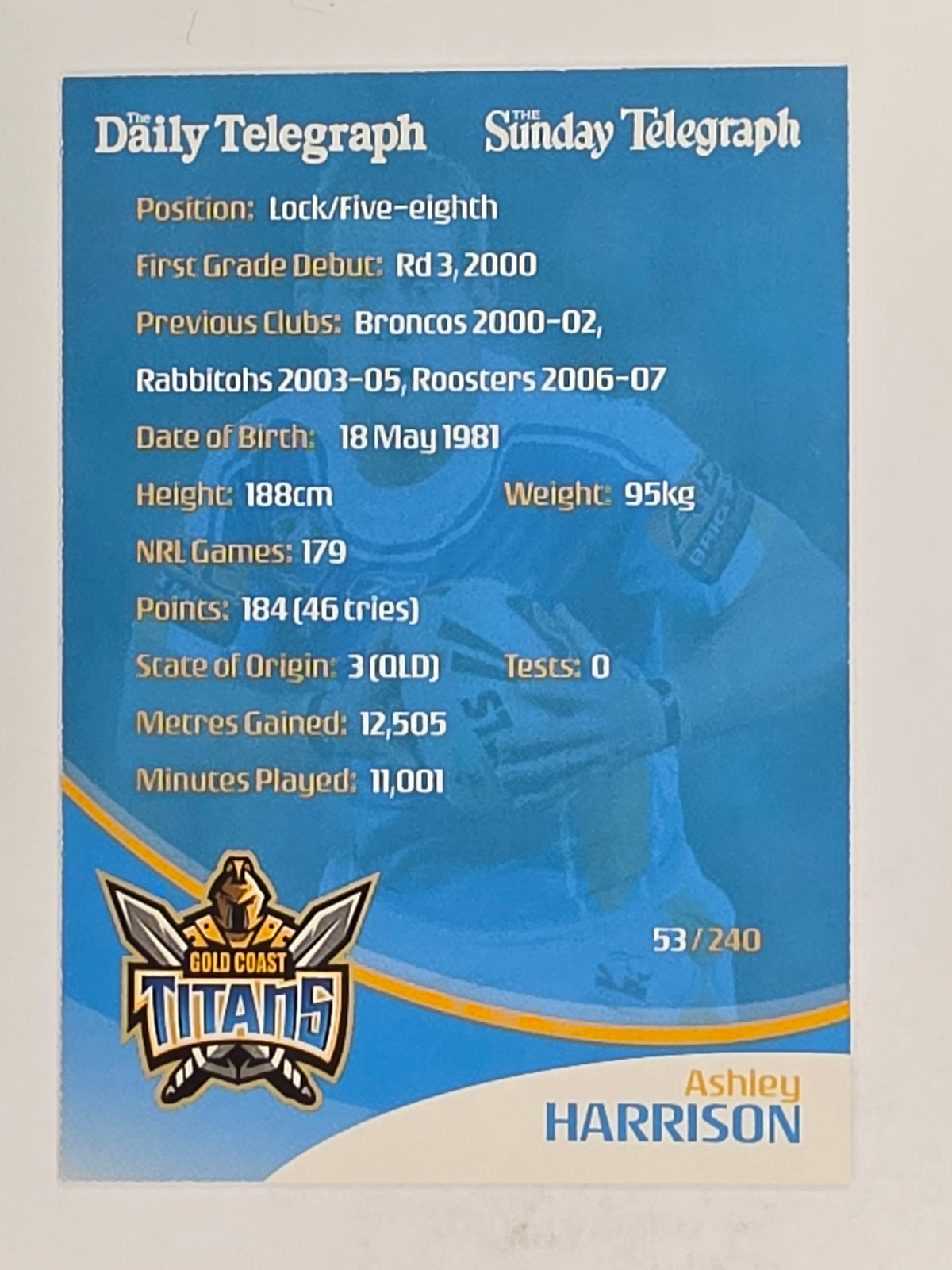 NRL 2009 Daily Telegraph | FOIL #053 | Ashley Harrison | Gold Coast Titans