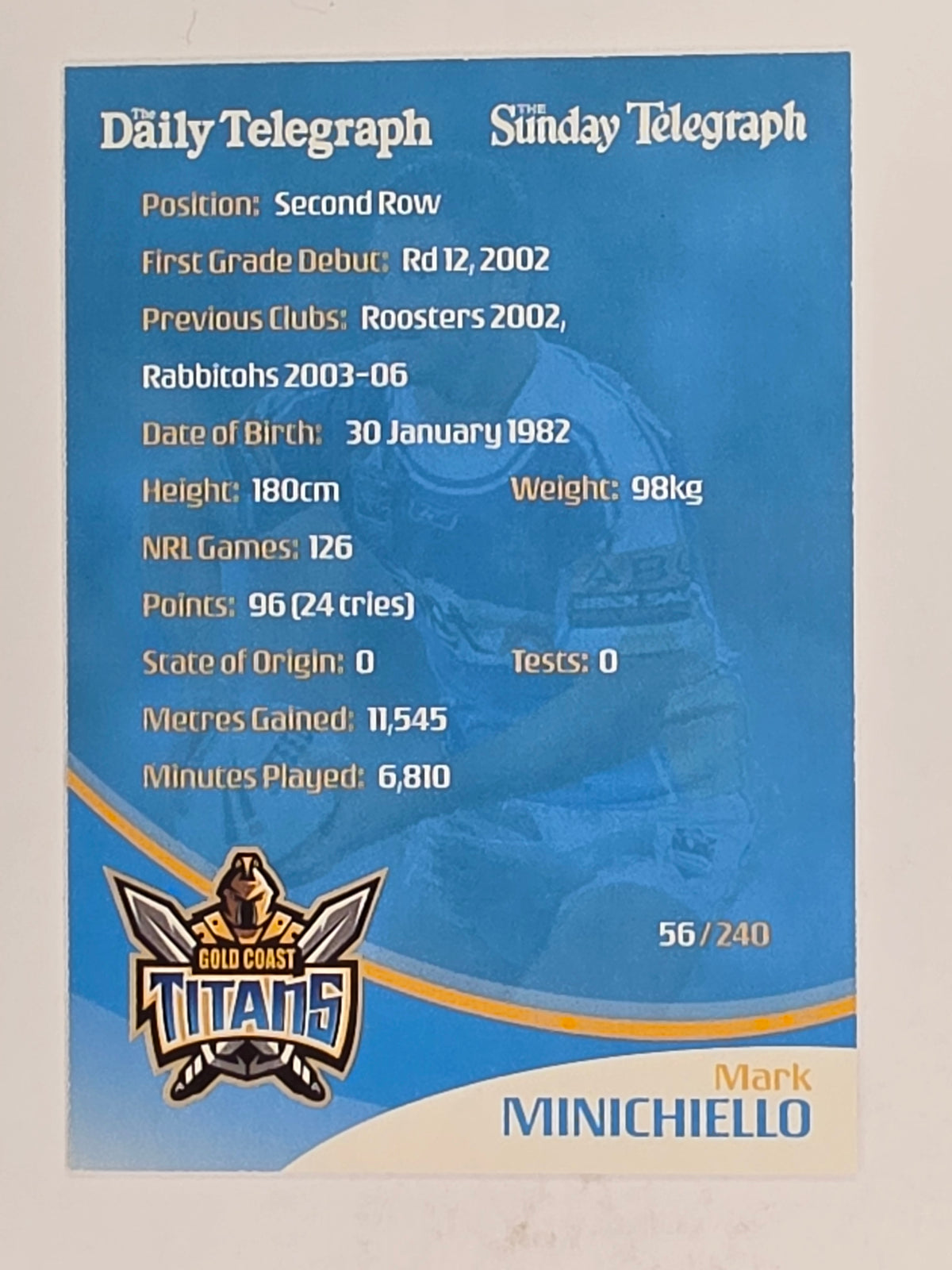 NRL 2009 Daily Telegraph | FOIL #056 | Mark Minichiello | Gold Coast Titans