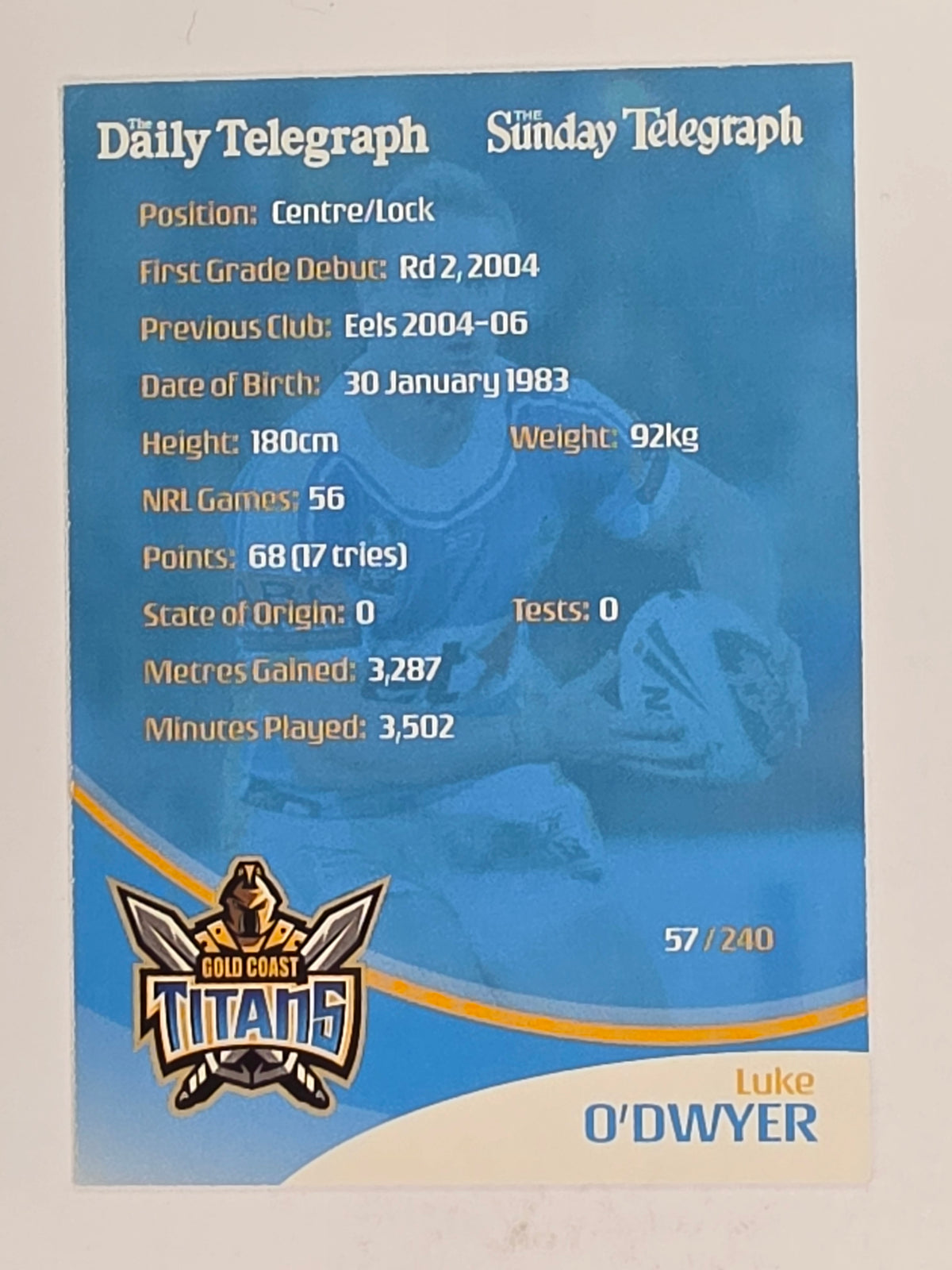 NRL 2009 Daily Telegraph | FOIL #057 | Luke O'Dwyer | Gold Coast Titans