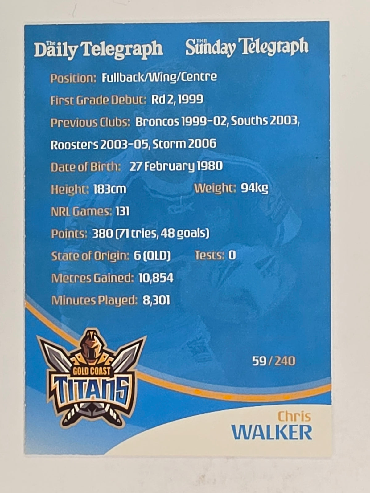 NRL 2009 Daily Telegraph | FOIL #059 | Chris Walker | Gold Coast Titans
