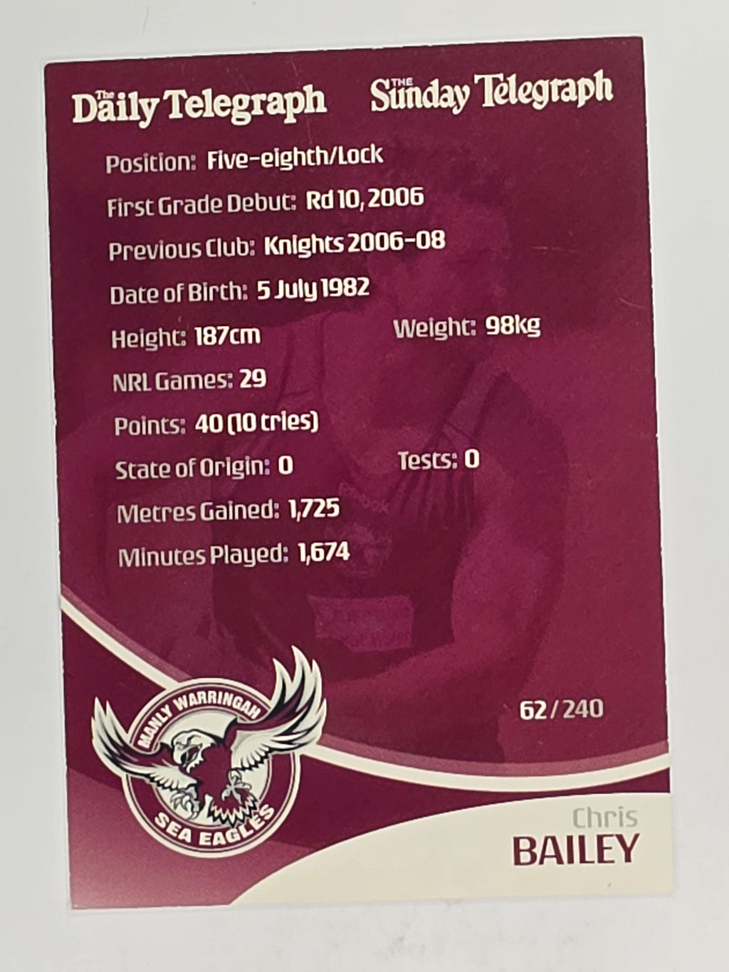 NRL 2009 Daily Telegraph | FOIL #062 | Chris Bailey | Manly Warringah Sea Eagles
