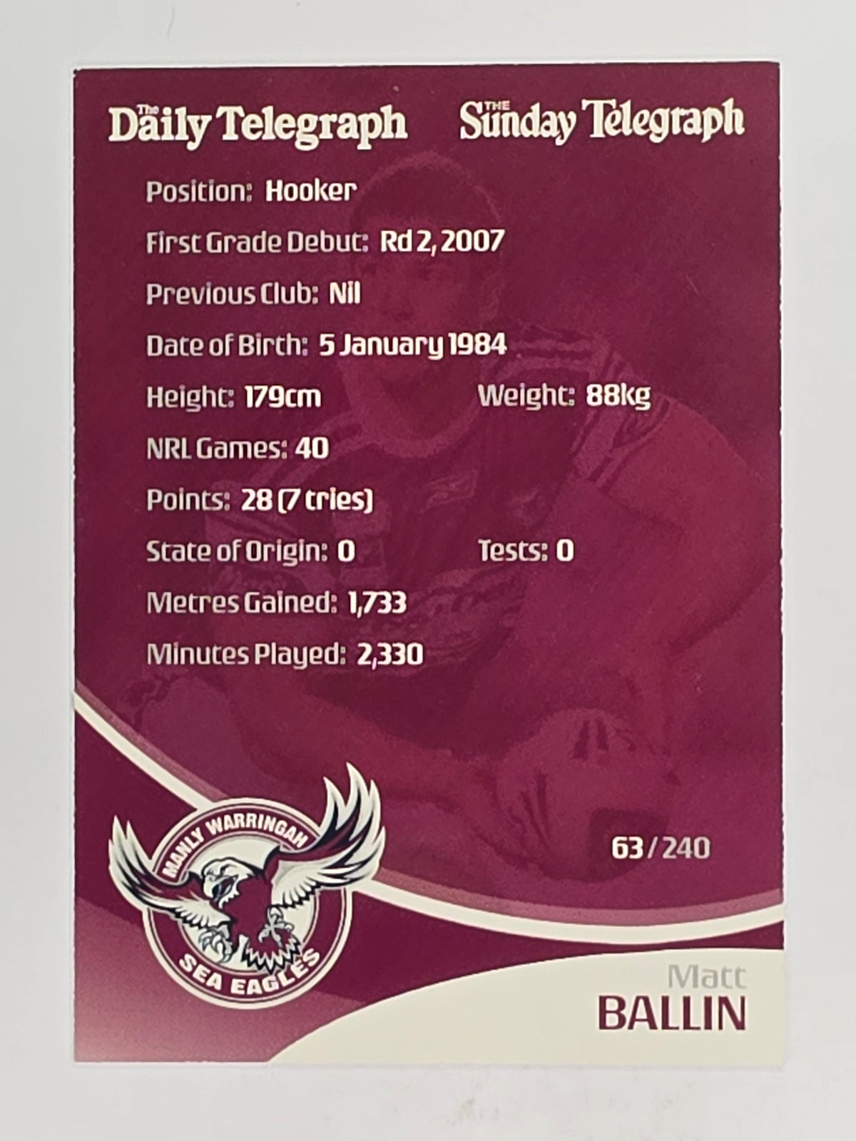 NRL 2009 Daily Telegraph | FOIL #063 | Matt Ballin | Manly Warringah Sea Eagles