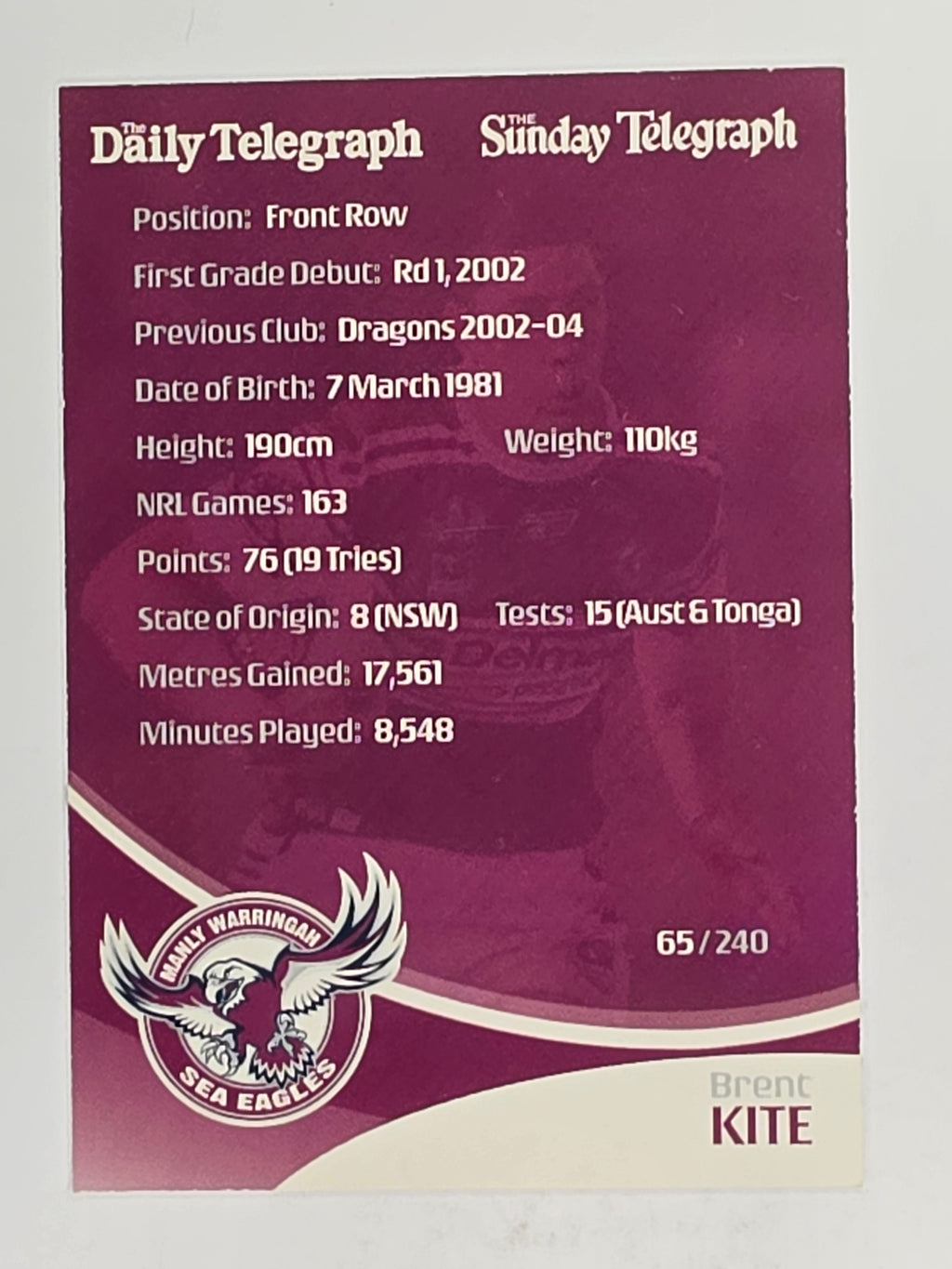NRL 2009 Daily Telegraph | FOIL #065 | Brent Kite | Manly Warringah Sea Eagles
