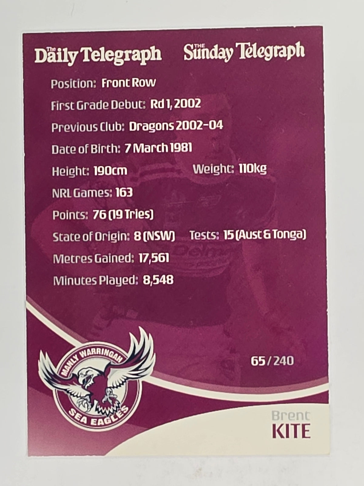 NRL 2009 Daily Telegraph | FOIL #065 | Brent Kite | Manly Warringah Sea Eagles