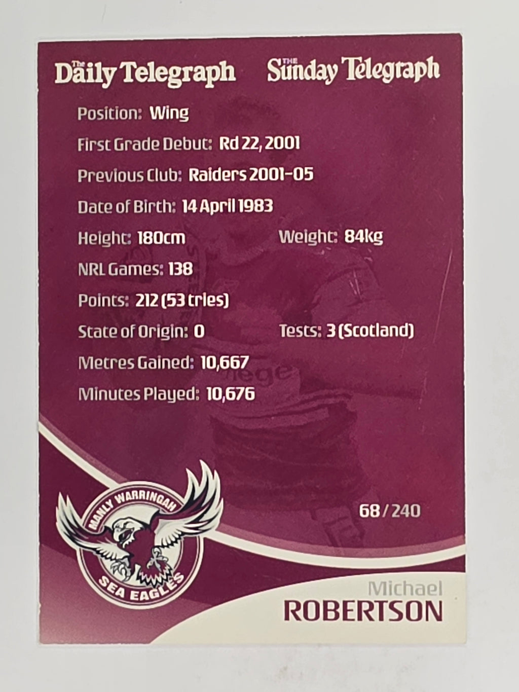 NRL 2009 Daily Telegraph | FOIL #068 | Michael Robertson | Manly Warringah Sea Eagles
