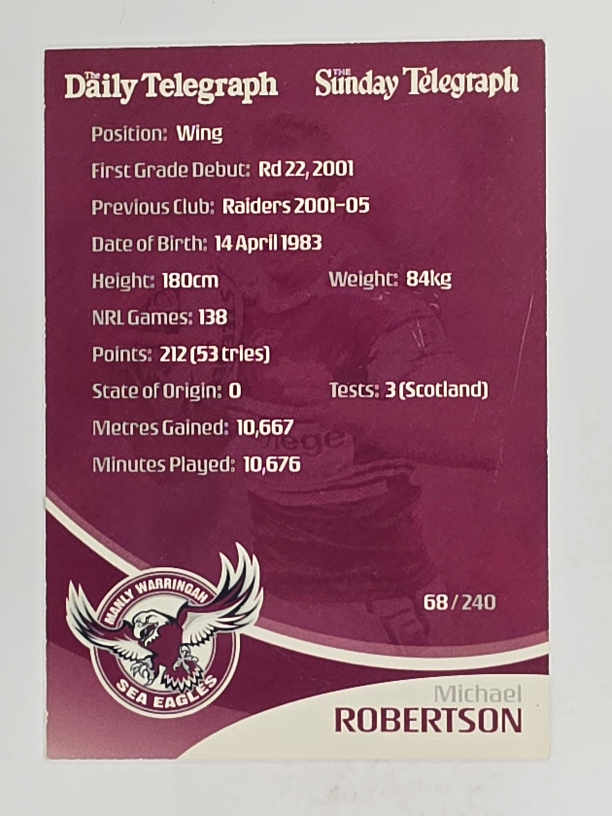 NRL 2009 Daily Telegraph | FOIL #068 | Michael Robertson | Manly Warringah Sea Eagles