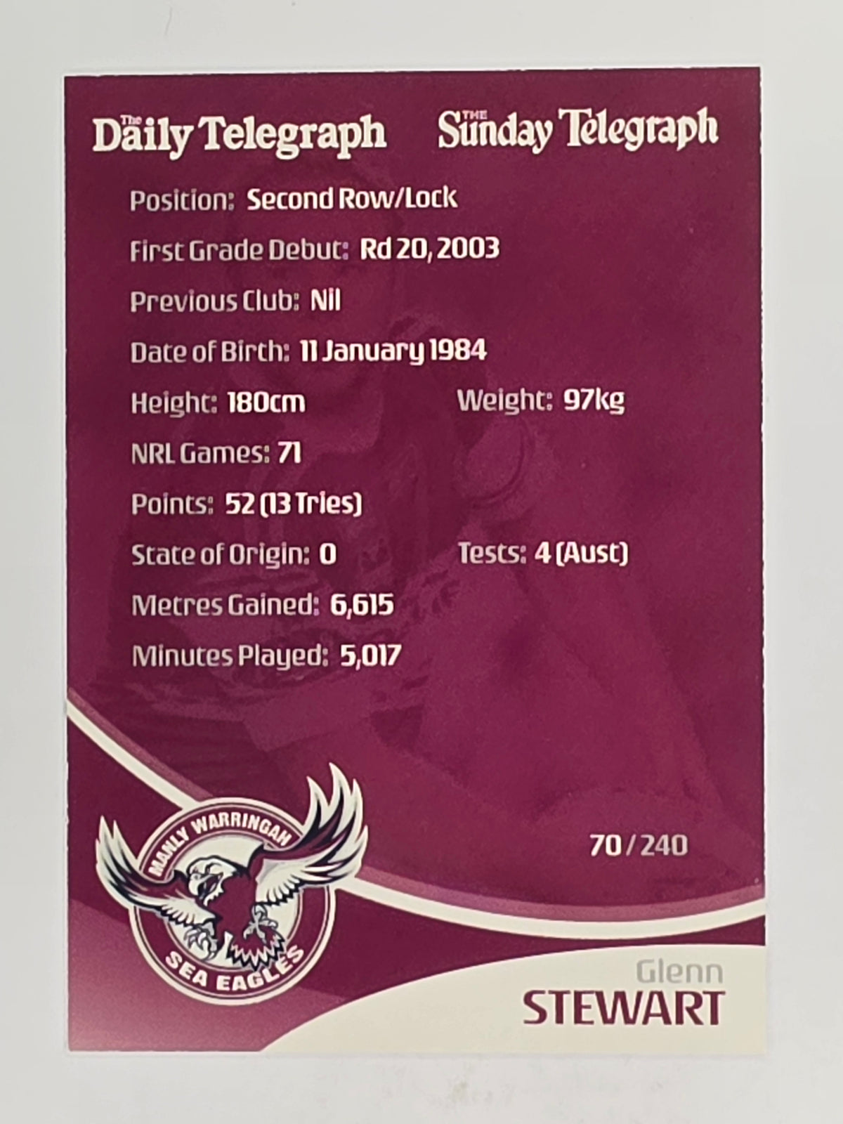 NRL 2009 Daily Telegraph | FOIL #070 | Glenn Stewart | Manly Warringah Sea Eagles