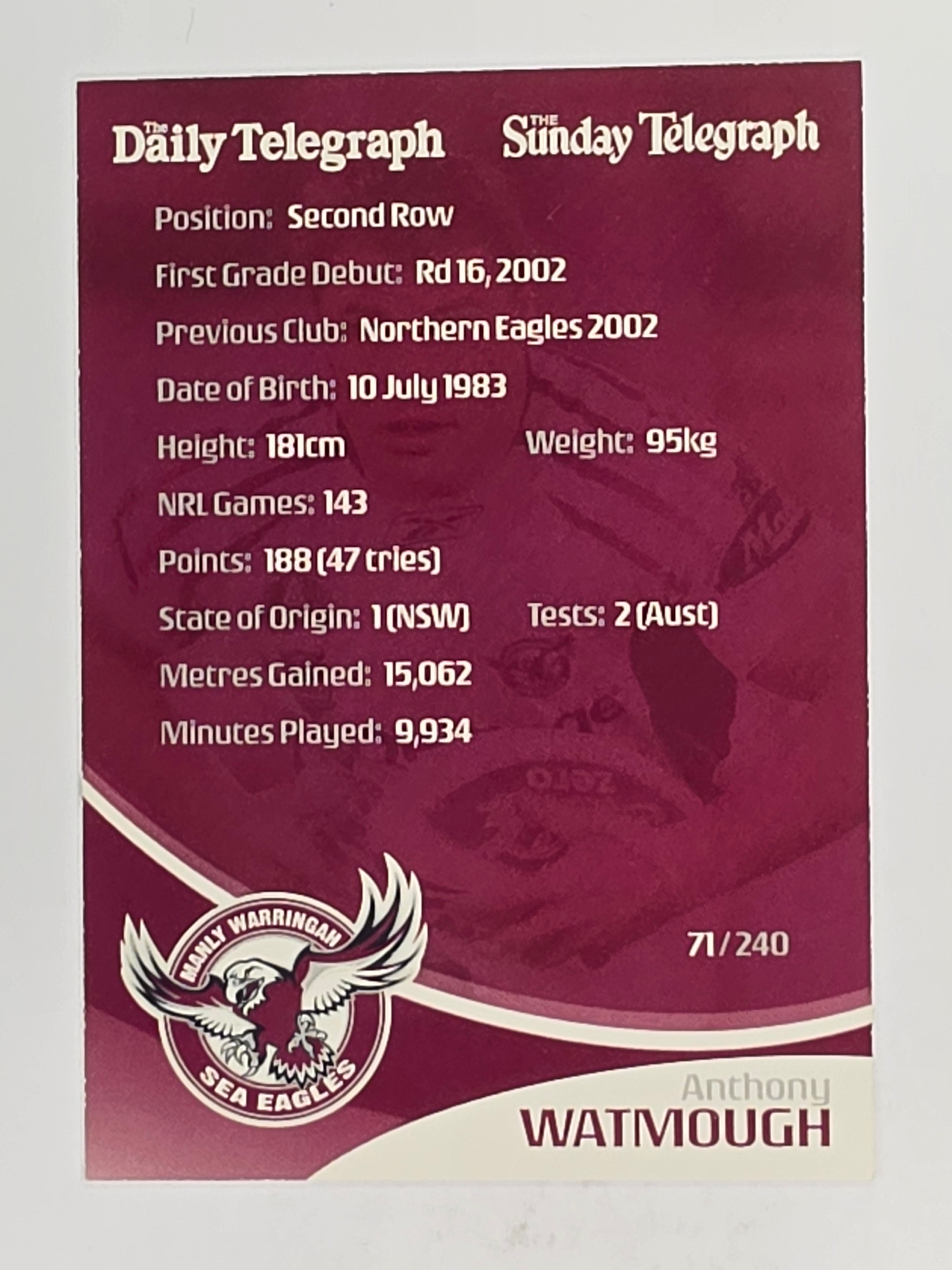 NRL 2009 Daily Telegraph | FOIL #071 | Anthony Watmough | Manly Warringah Sea Eagles