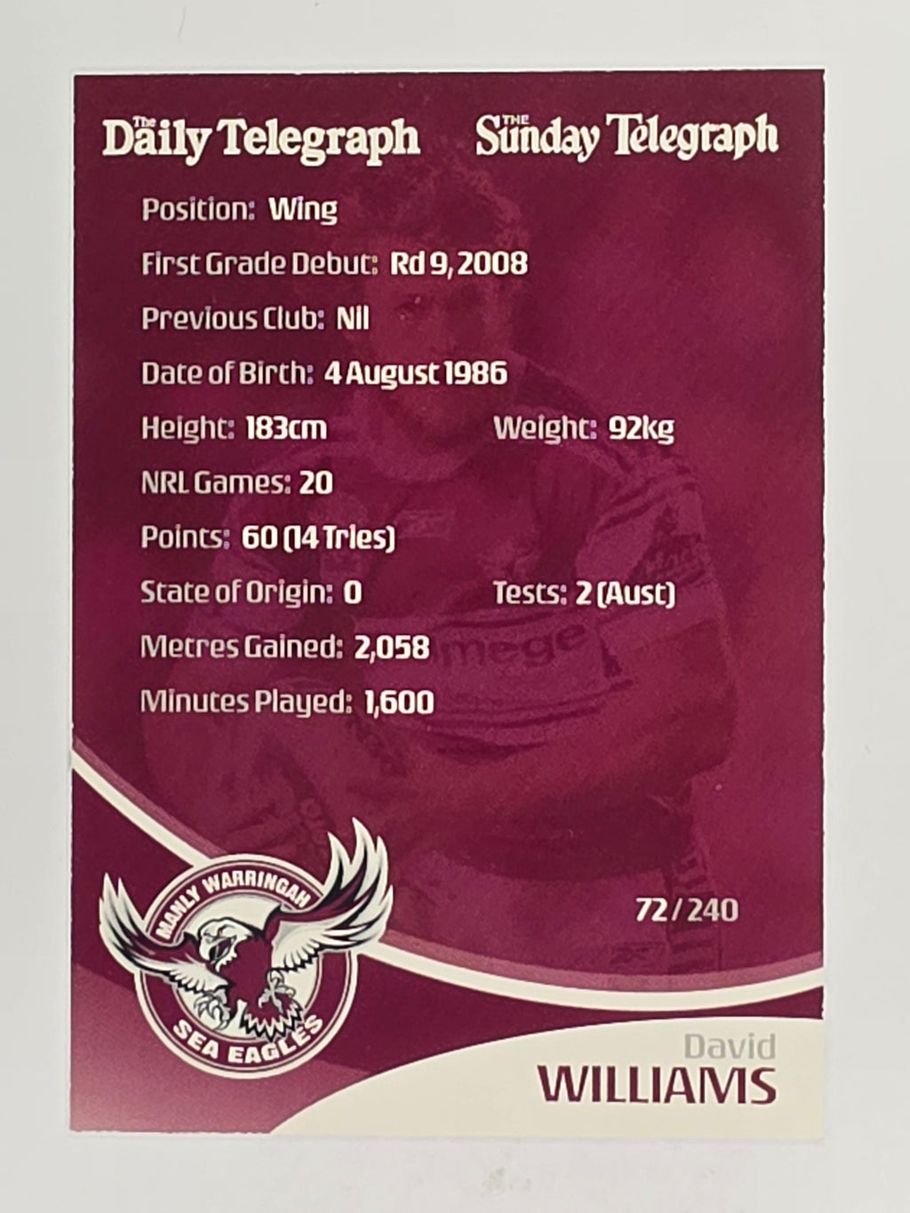 NRL 2009 Daily Telegraph | FOIL #072 | David Williams | Manly Warringah Sea Eagles