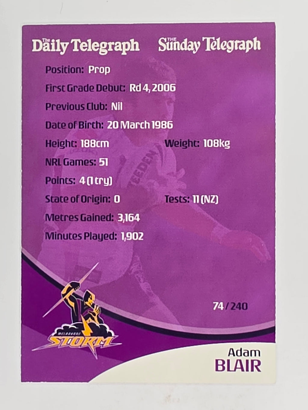 NRL 2009 Daily Telegraph | FOIL #074 | Adam Blair | Melbourne Storm