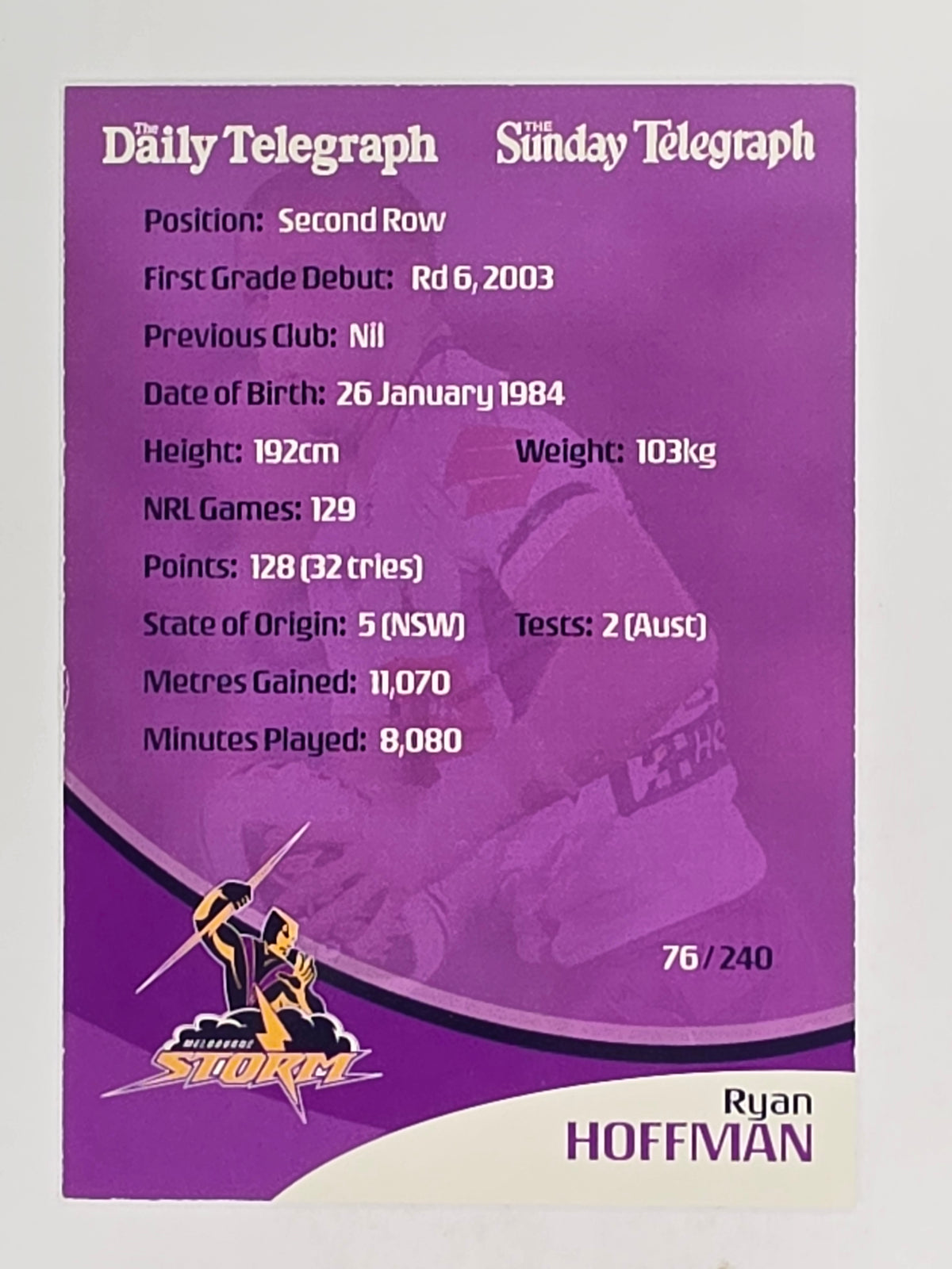 NRL 2009 Daily Telegraph | FOIL #076 | Ryan Hoffman | Melbourne Storm