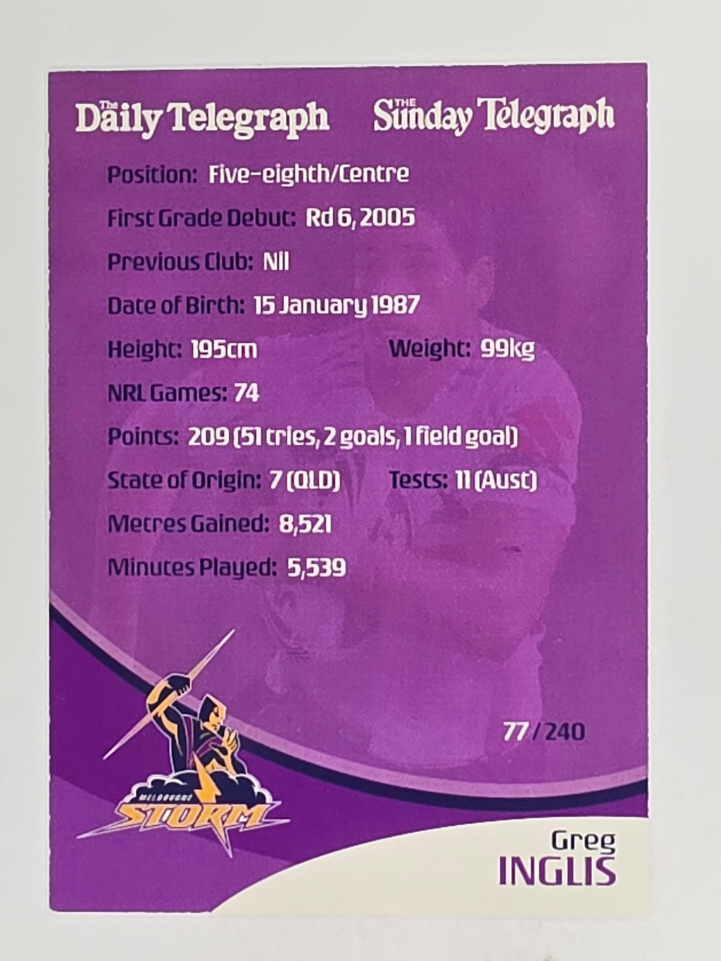 NRL 2009 Daily Telegraph | FOIL #077 | Greg Inglis | Melbourne Storm
