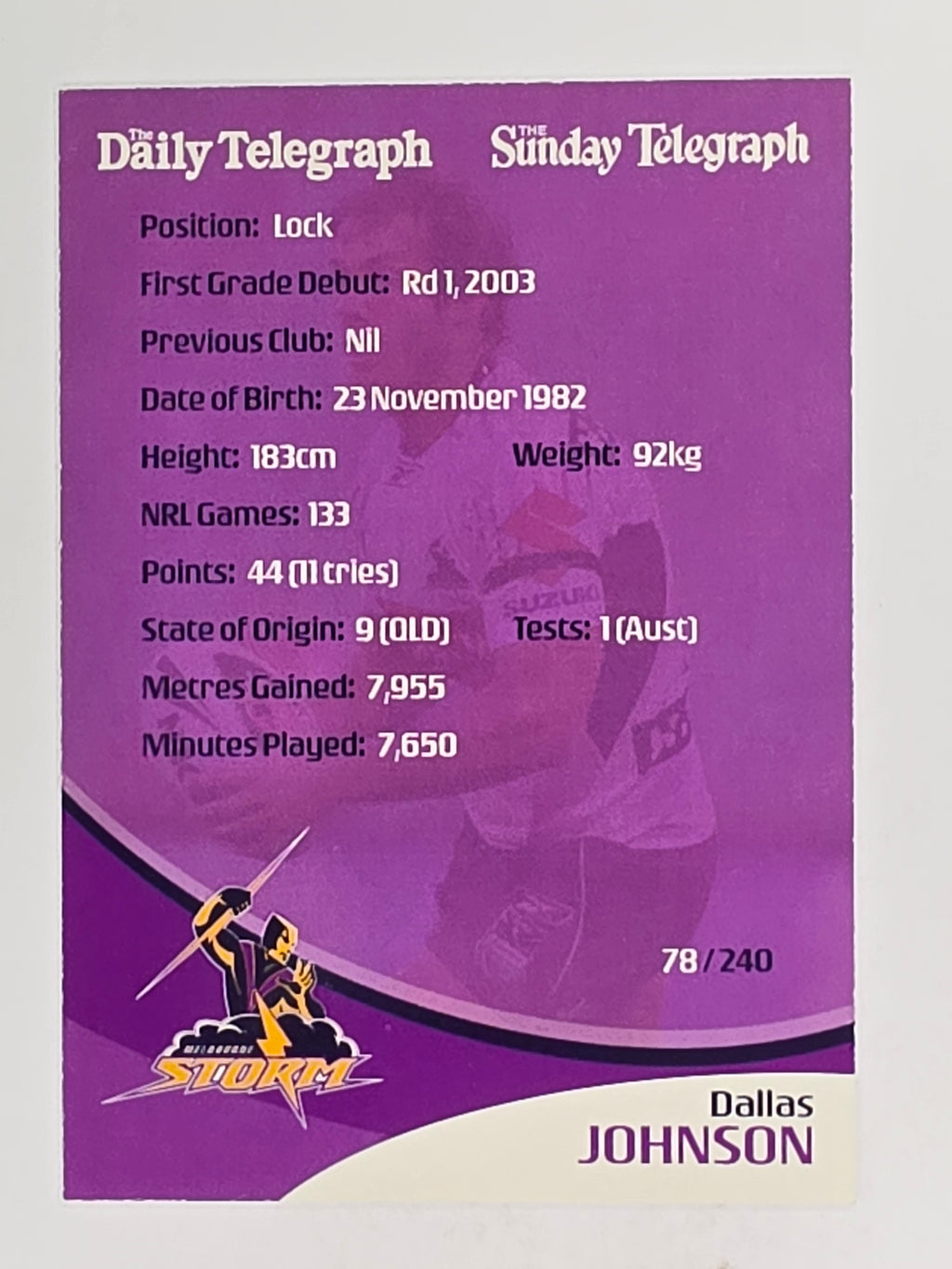 NRL 2009 Daily Telegraph | FOIL #078 | Dallas Johnson | Melbourne Storm