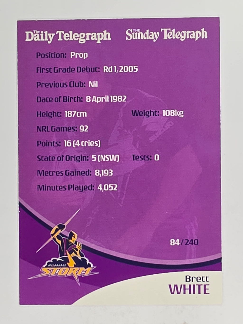 NRL 2009 Daily Telegraph | FOIL #084 | Brett White | Melbourne Storm