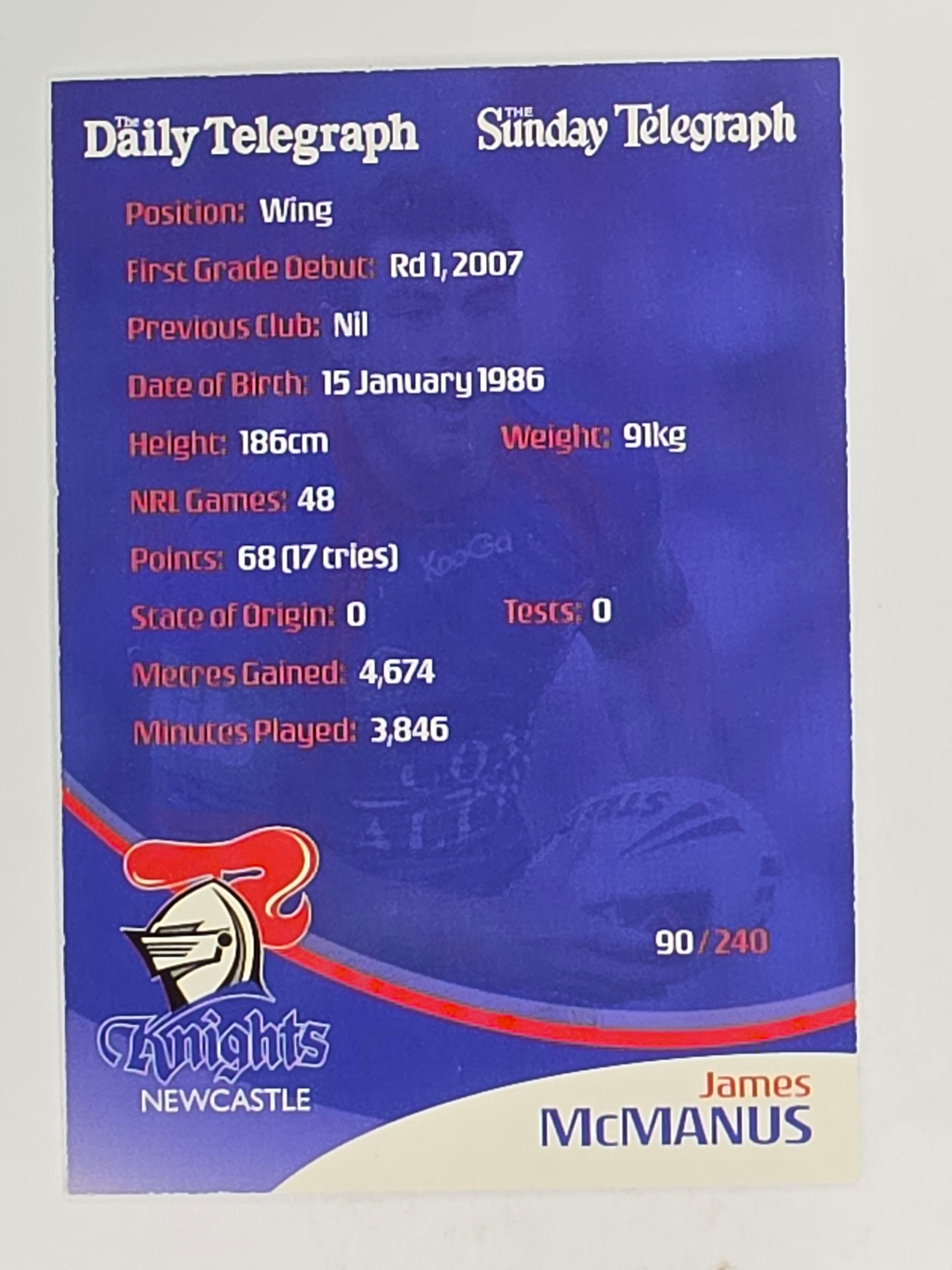 NRL 2009 Daily Telegraph | FOIL #090 | James McManus | Newcastle Knights