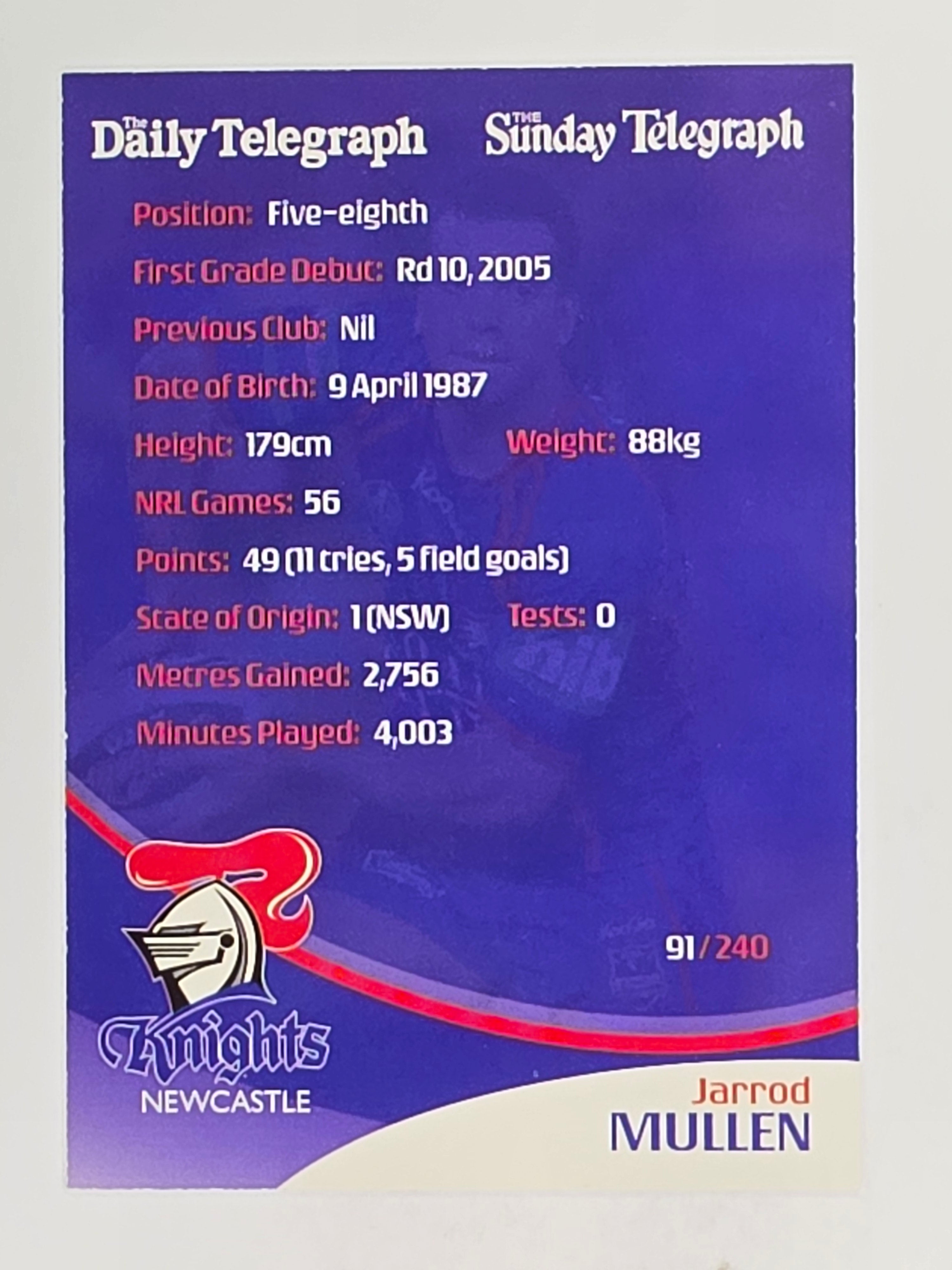 NRL 2009 Daily Telegraph | FOIL #091 | Jarrod Mullen | Newcastle Knights