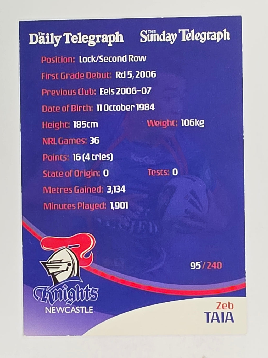 NRL 2009 Daily Telegraph | FOIL #095 | Zeb Taia | Newcastle Knights