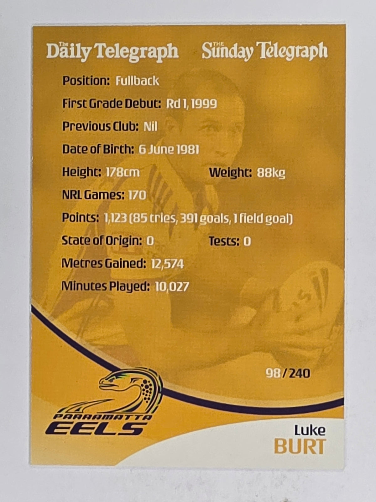 NRL 2009 Daily Telegraph | FOIL #098 | Luke Burt | Parramatta Eels