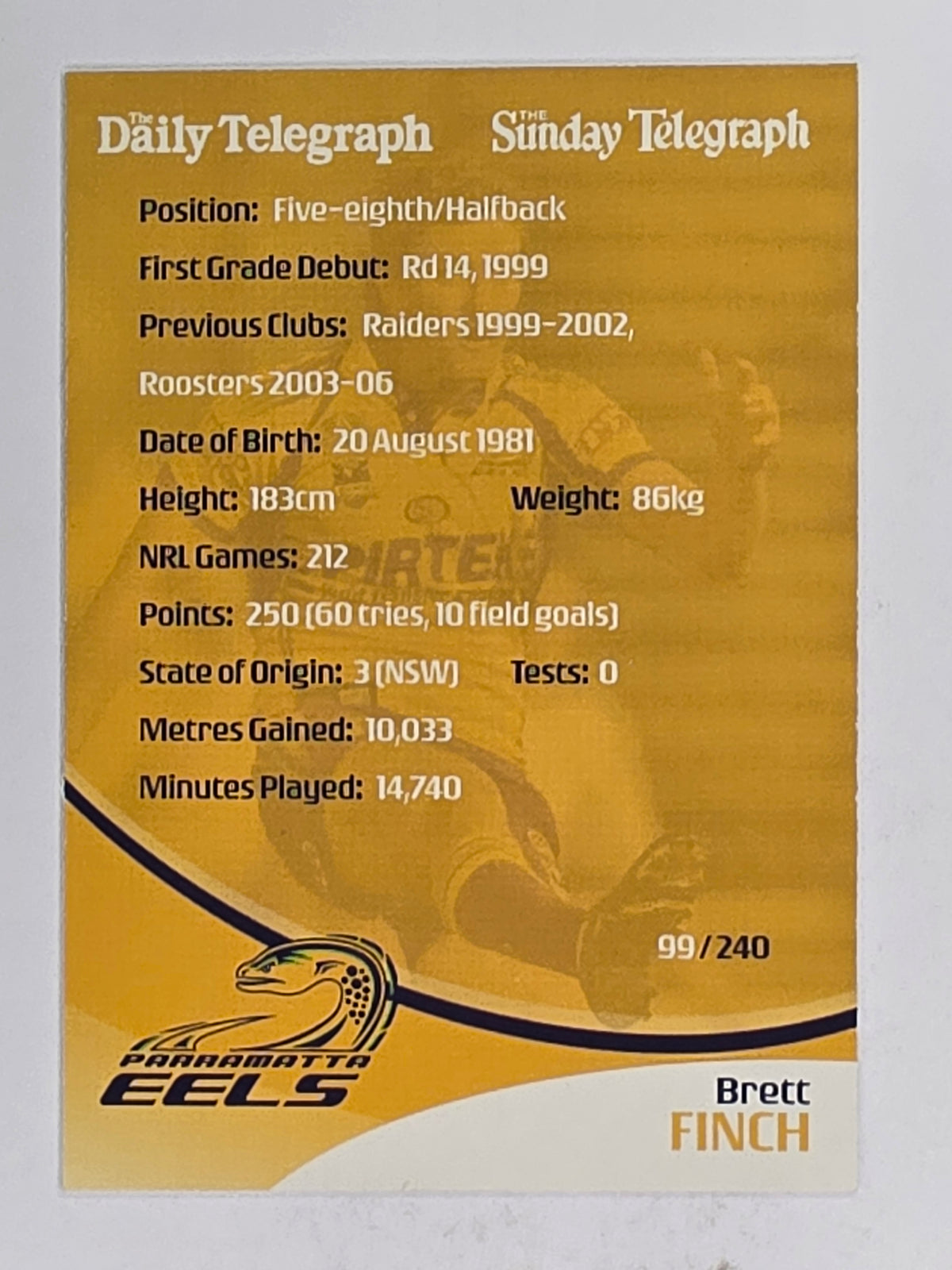 NRL 2009 Daily Telegraph | FOIL #099 | Brett Finch | Parramatta Eels