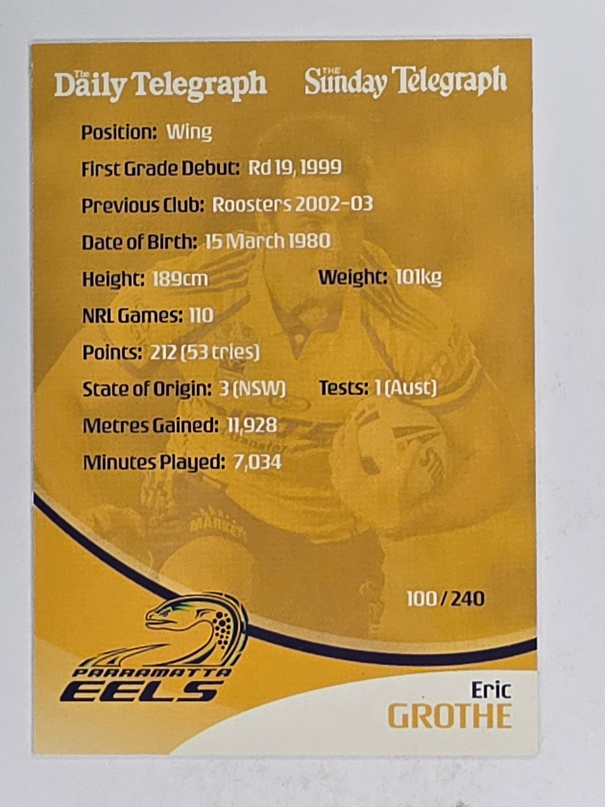 NRL 2009 Daily Telegraph | FOIL #100 | Eric Grothe | Parramatta Eels