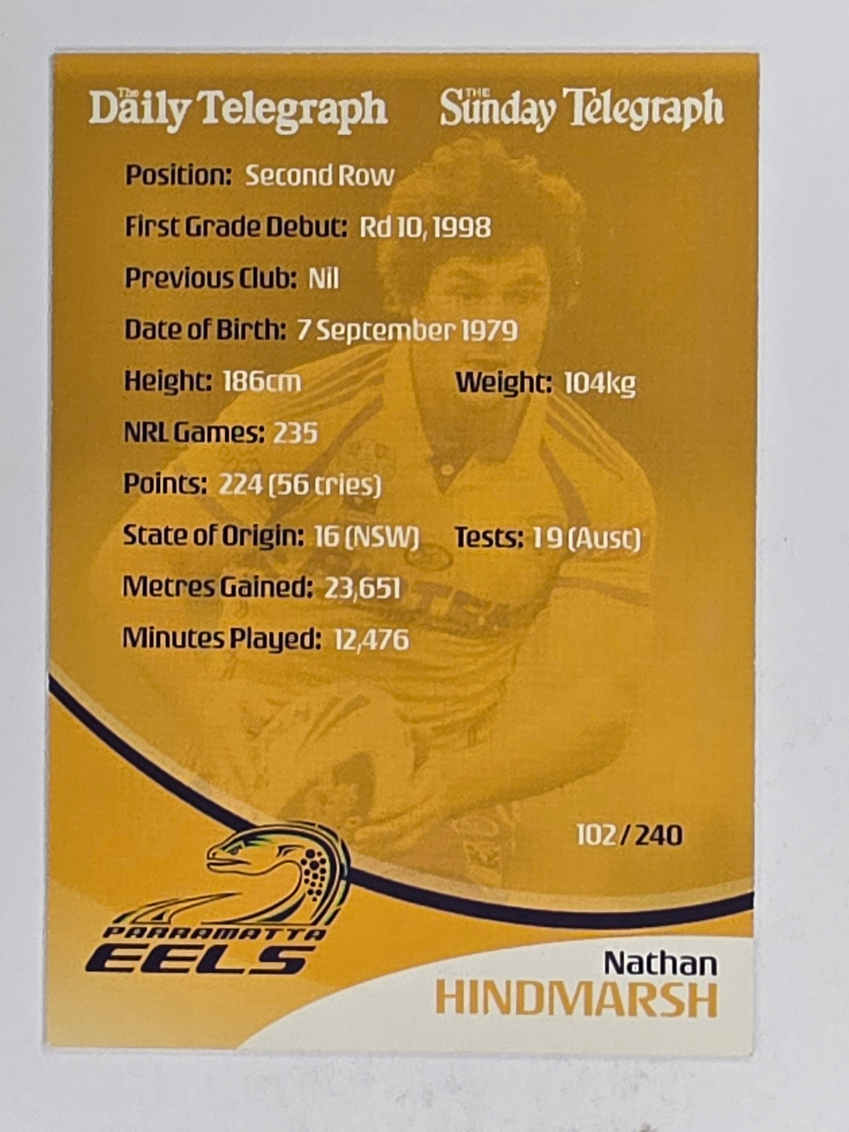 NRL 2009 Daily Telegraph | FOIL #102 | Nathan Hindmarsh | Parramatta Eels