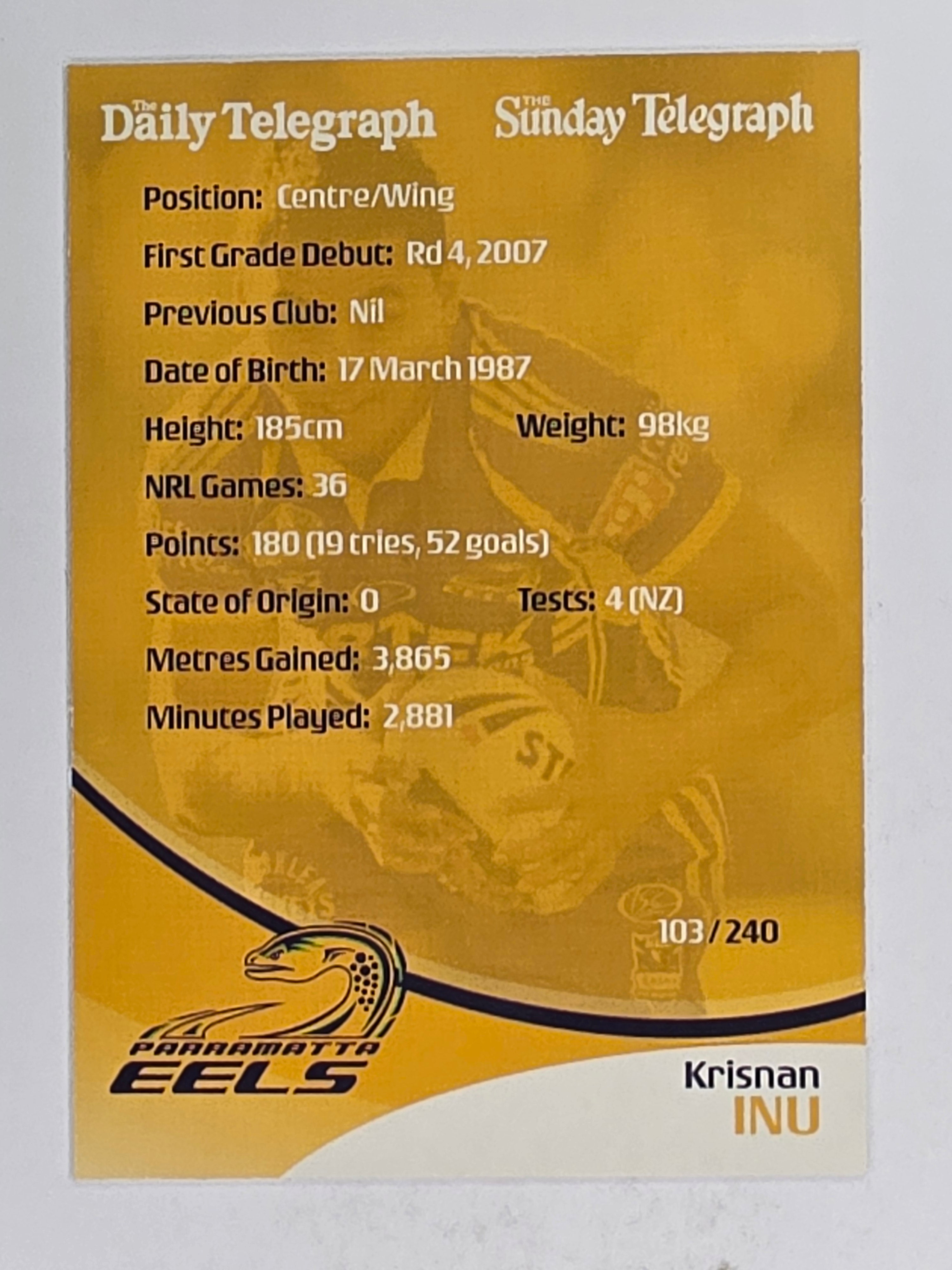 NRL 2009 Daily Telegraph | FOIL #103 | Krisnan Inu | Parramatta Eels