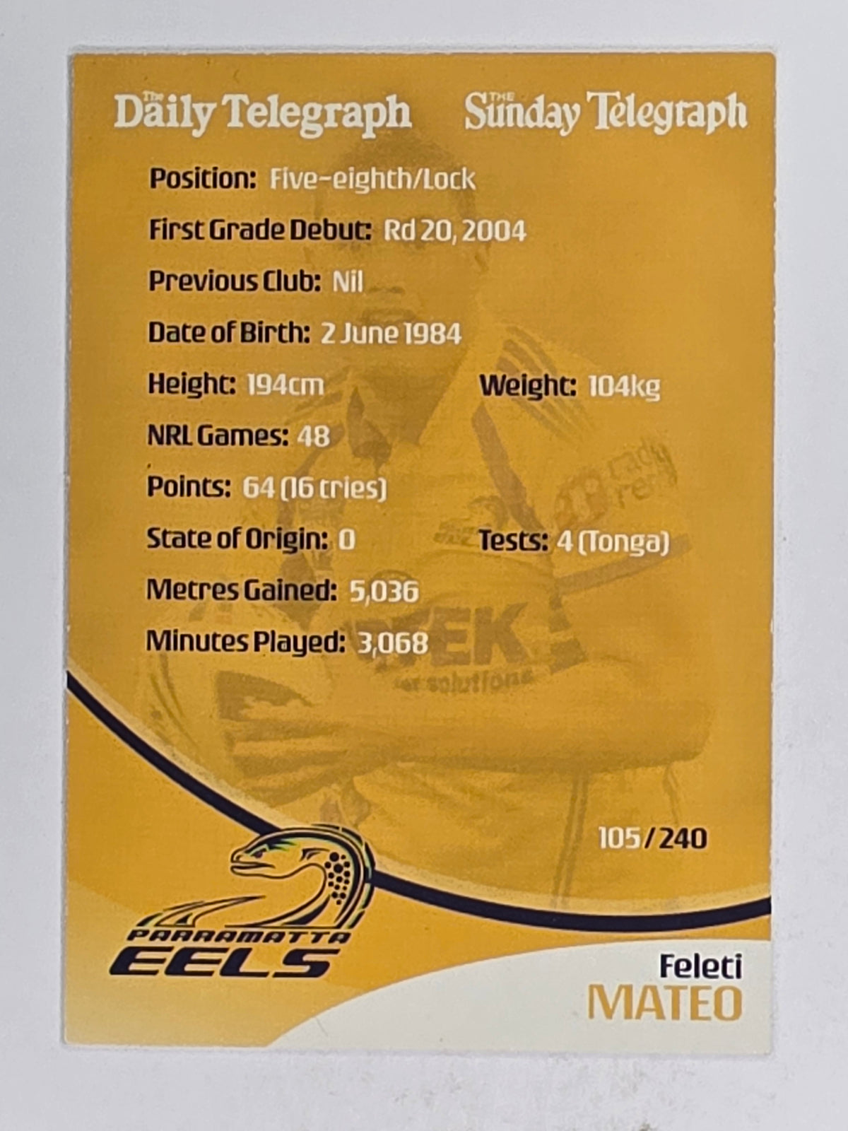 NRL 2009 Daily Telegraph | FOIL #105 | Feleti Mateo | Parramatta Eels