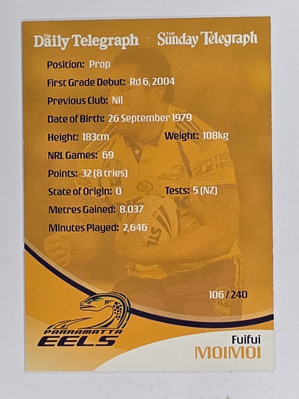 NRL 2009 Daily Telegraph | FOIL #106 | Fuifui Moimoi | Parramatta Eels