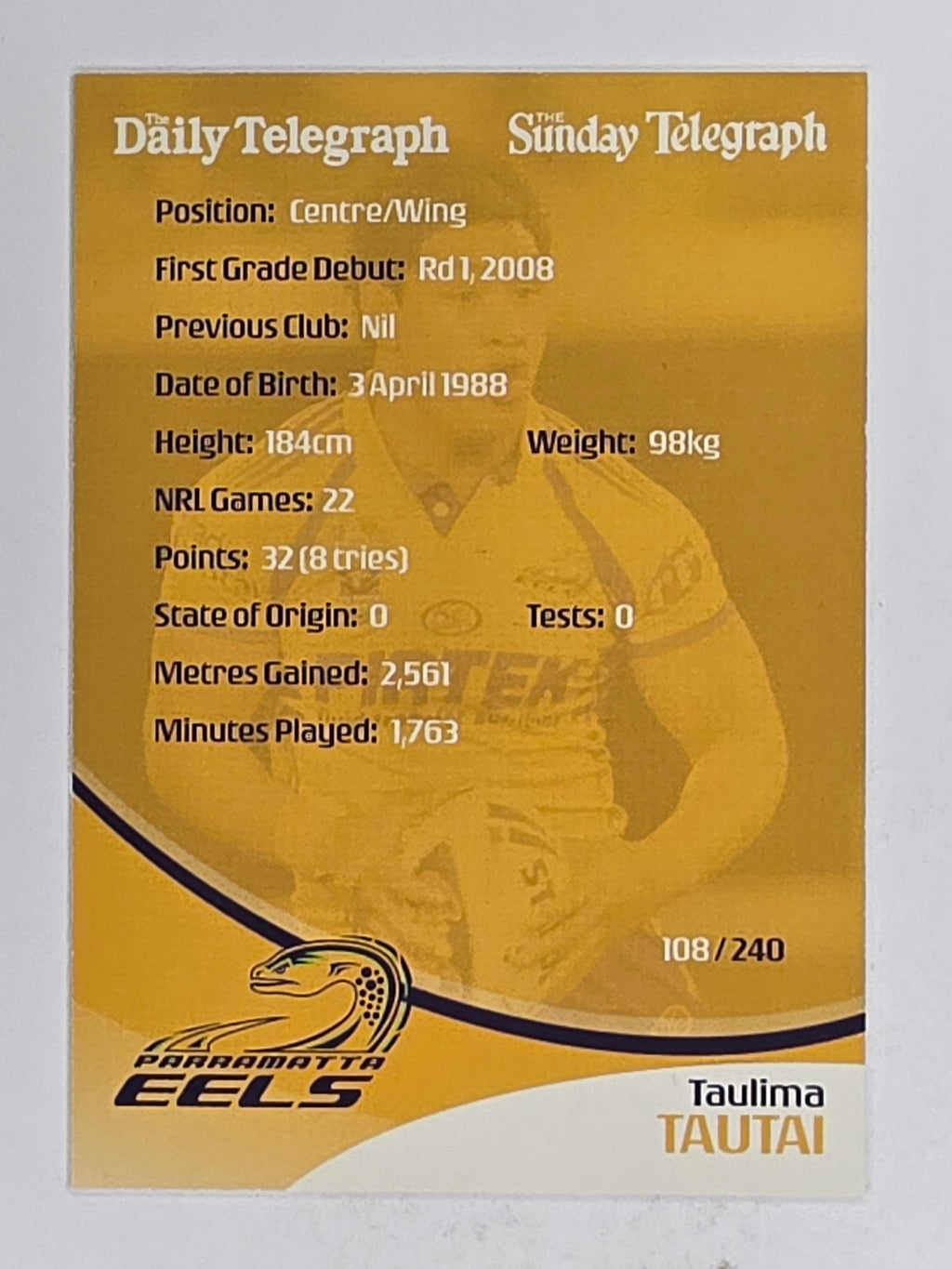 NRL 2009 Daily Telegraph | FOIL #108 | Taulima Tautai | Parramatta Eels
