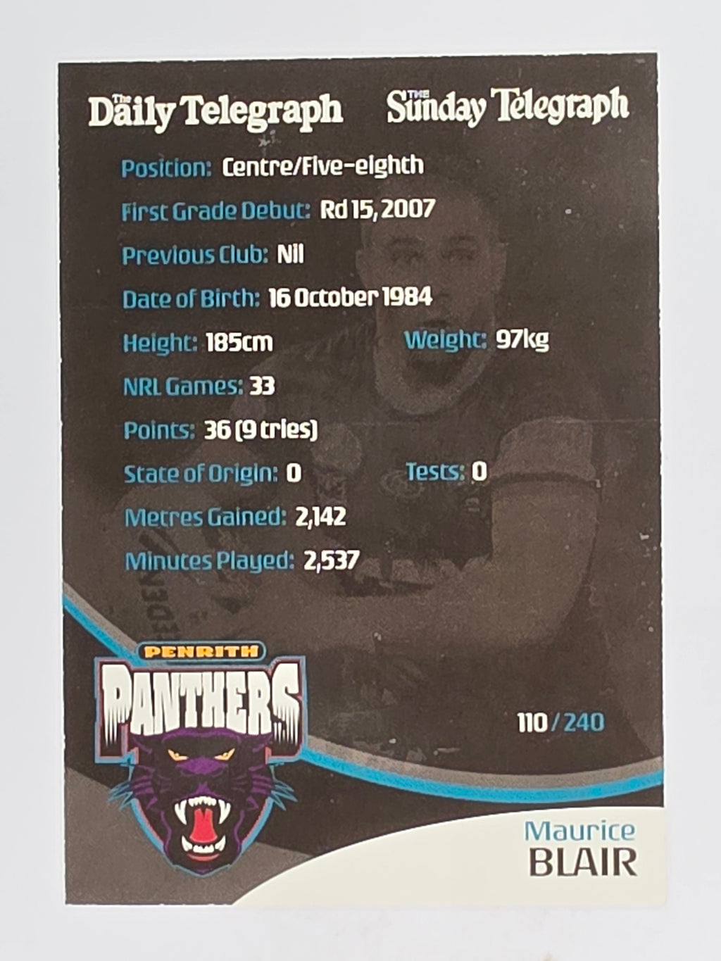 NRL 2009 Daily Telegraph | FOIL #110 | Maurice Blair | Penrith Panthers