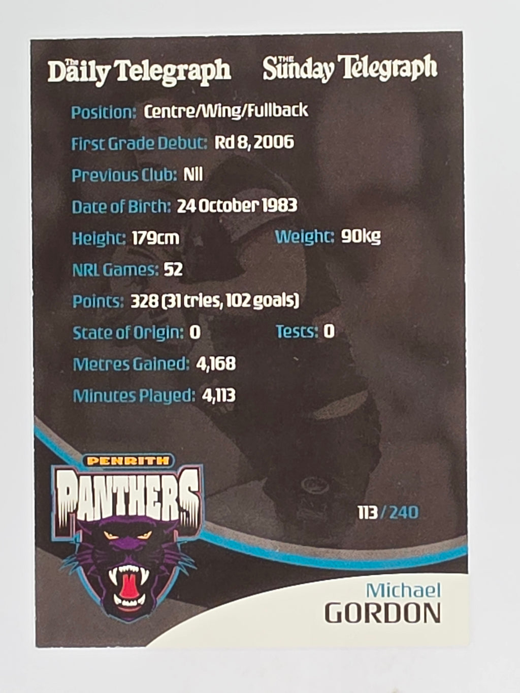 NRL 2009 Daily Telegraph | FOIL #113 | Michael Gordon | Penrith Panthers