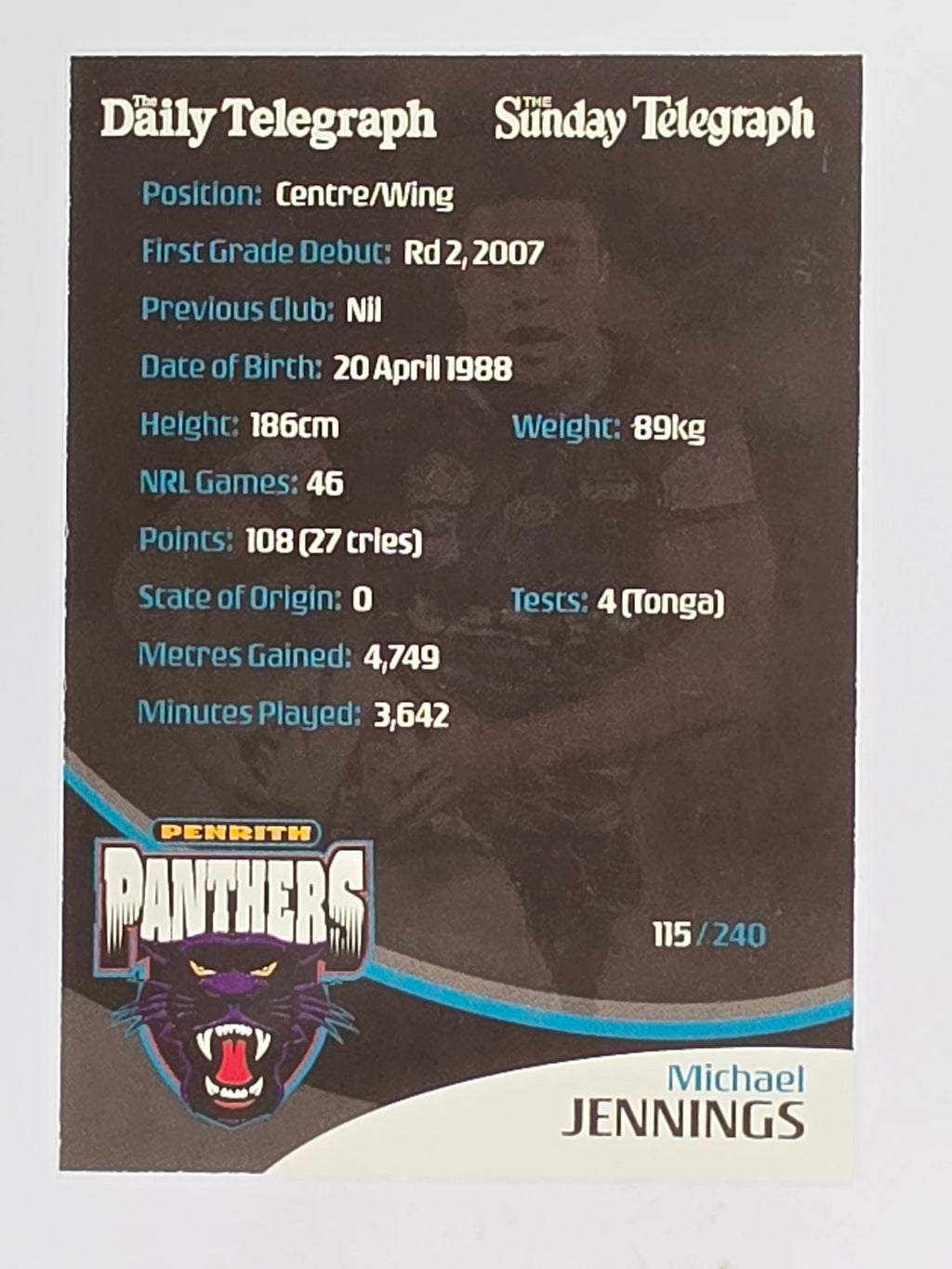 NRL 2009 Daily Telegraph | FOIL #115 | Michael Jennings | Penrith Panthers