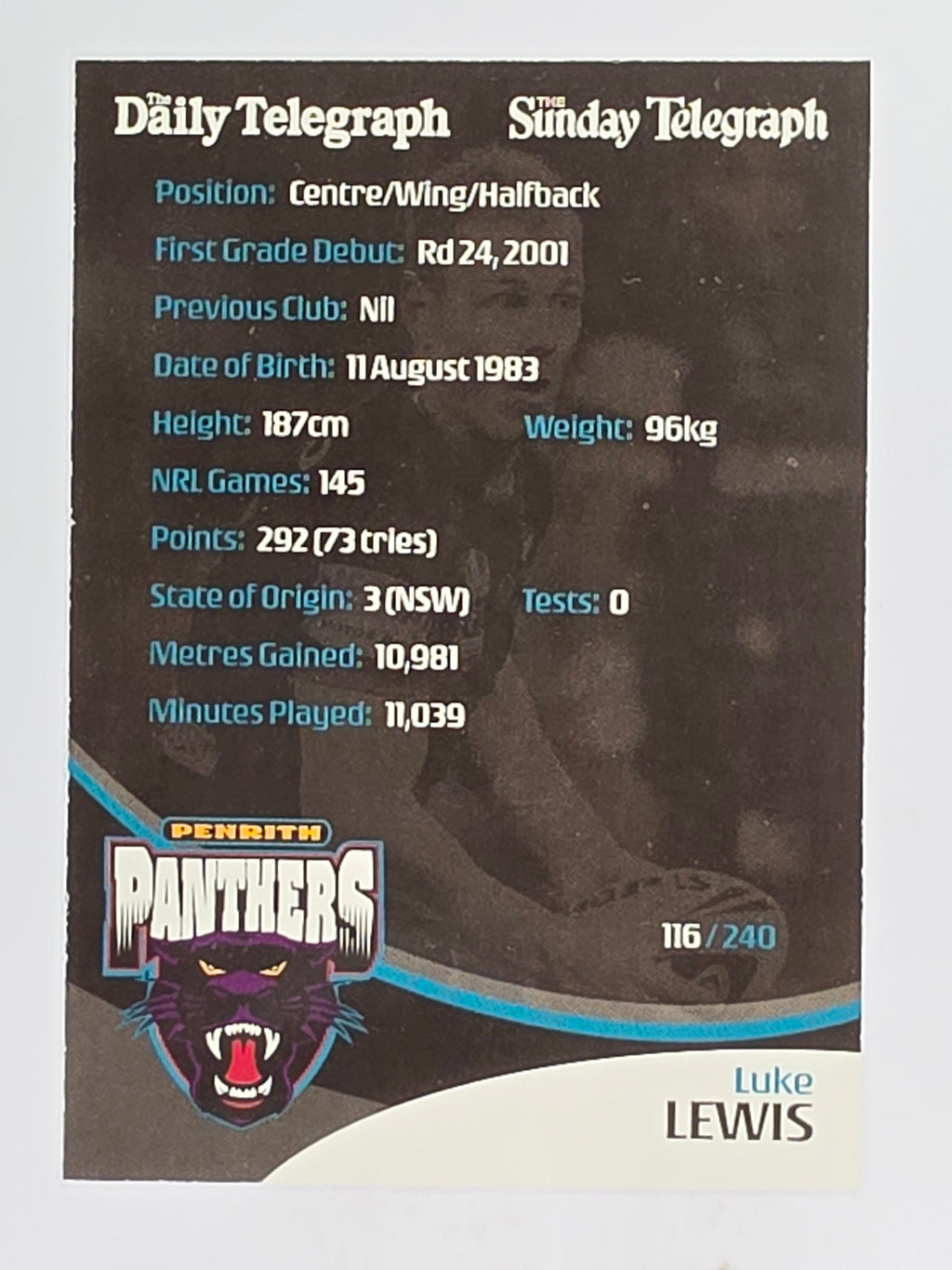 NRL 2009 Daily Telegraph | FOIL #116 | Luke Lewis | Penrith Panthers