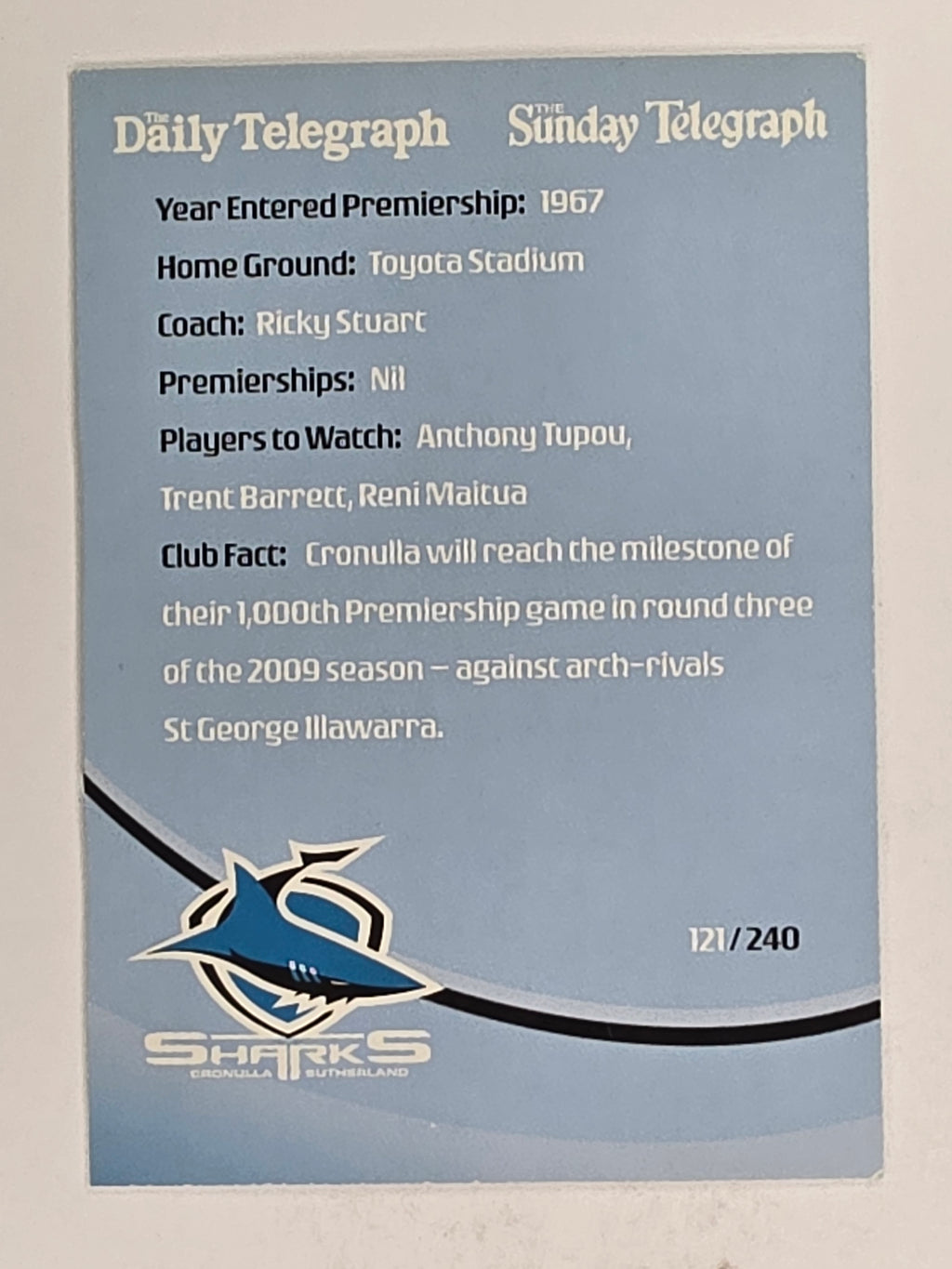 NRL 2009 Daily Telegraph | FOIL #121 | Logo | Cronulla Sutherland Sharks