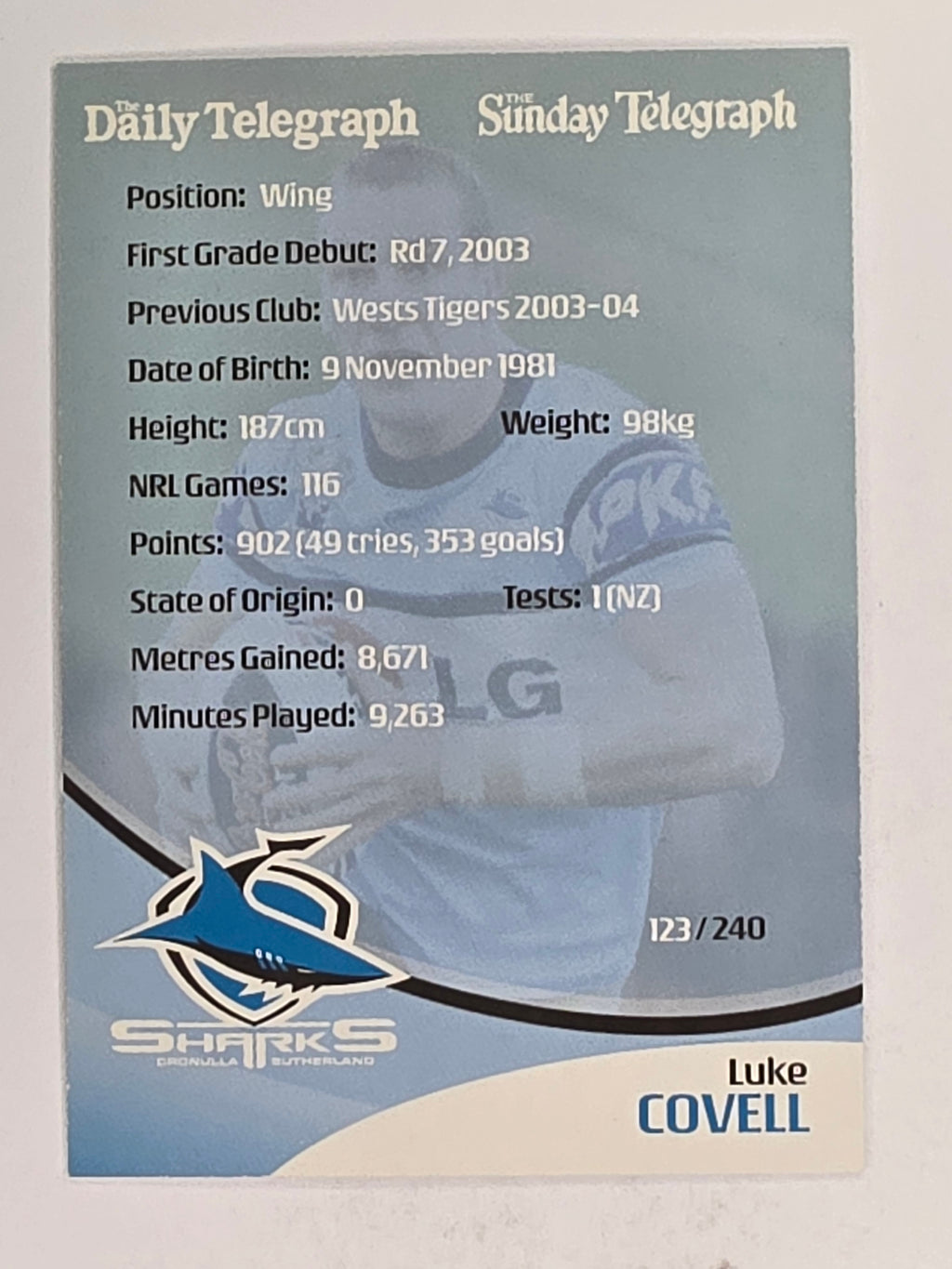 NRL 2009 Daily Telegraph | FOIL #123 | Luke Covell | Cronulla Sutherland Sharks