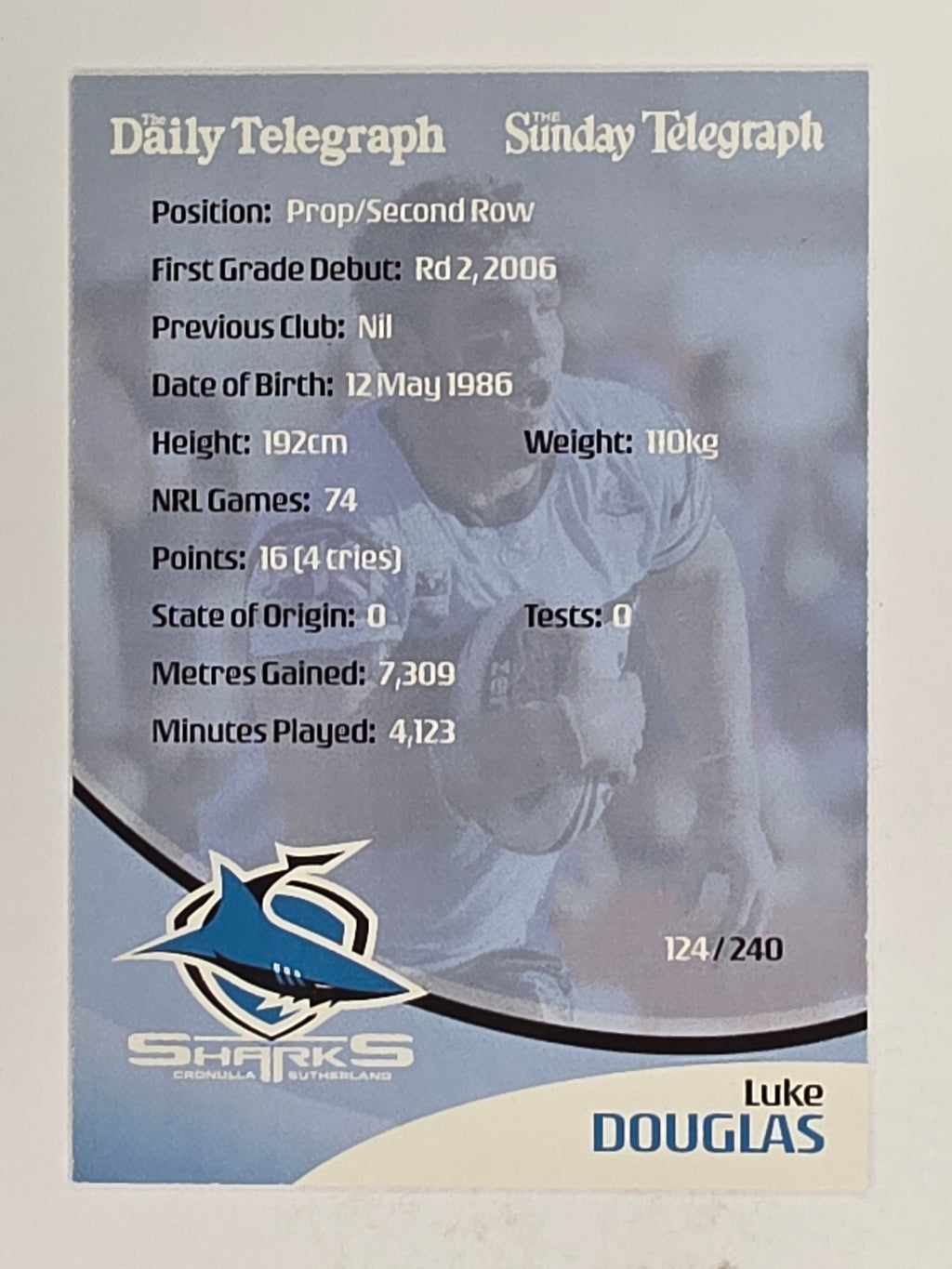 NRL 2009 Daily Telegraph | FOIL #124 | Luke Douglas | Cronulla Sutherland Sharks
