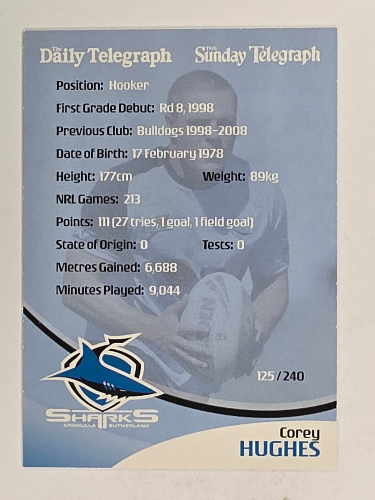 NRL 2009 Daily Telegraph | FOIL #125 | Corey Hughes | Cronulla Sutherland Sharks