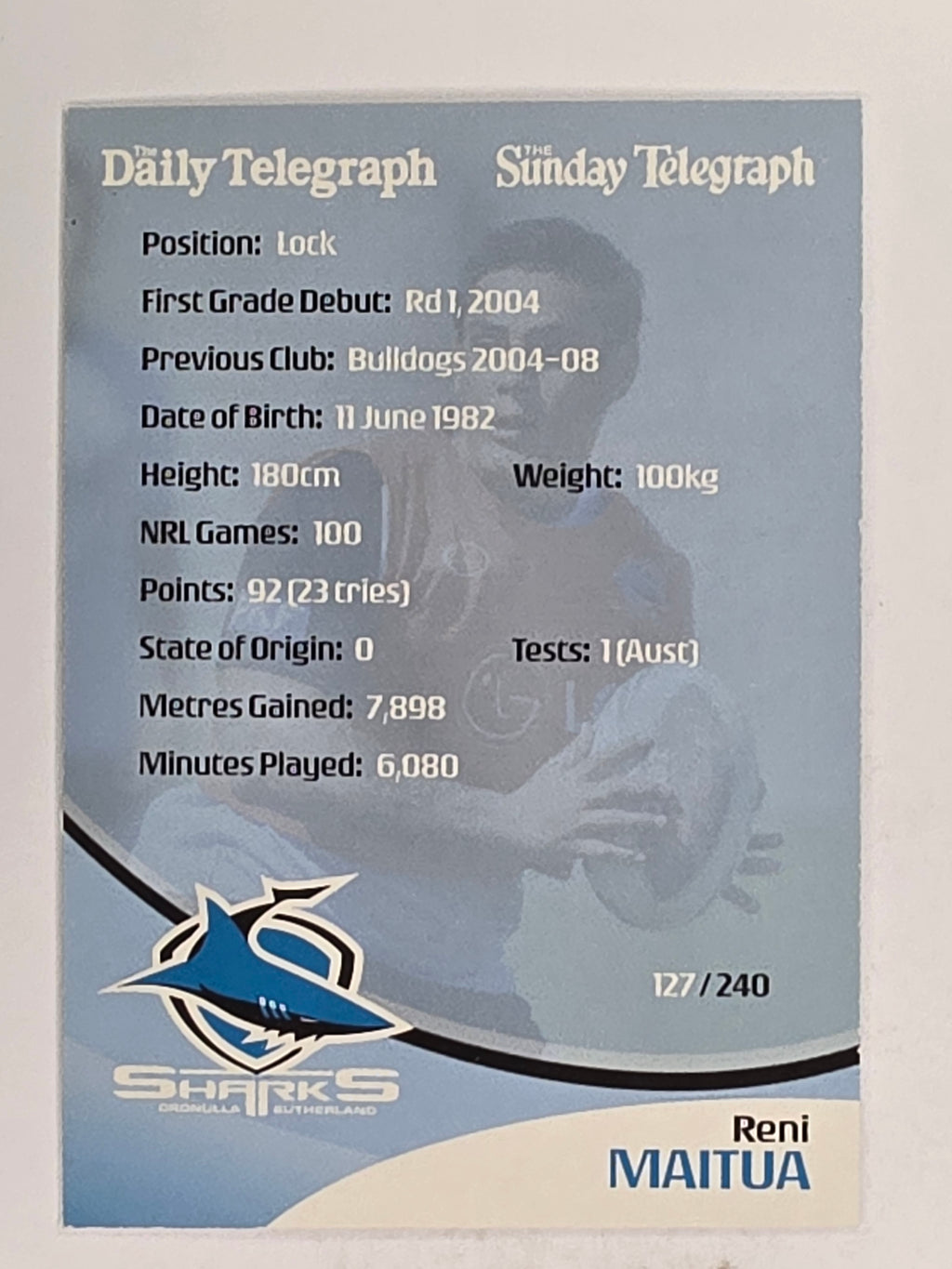 NRL 2009 Daily Telegraph | FOIL #127 | Reni Maitua | Cronulla Sutherland Sharks